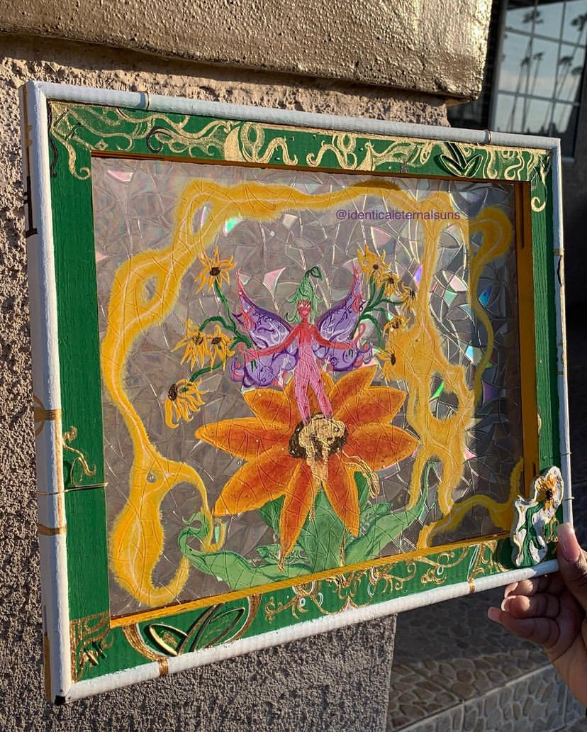 Iridescent Golden Sunflower Goddess Original wall hanging painting