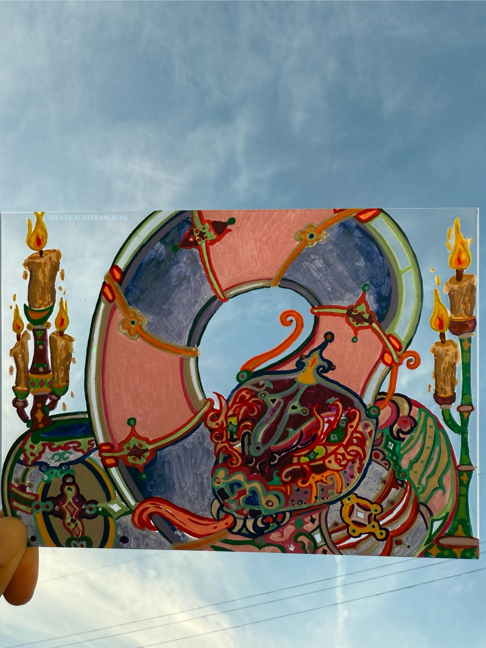 Serpentine, Celestial creature, ancient secrets, cosmic wisdom, rainbow hues, iridescent scales, flaming aura, elemental serpent art, medieval whimsy, mystical illumination, enigmatic presence, Divine order and chaos, Holy fire, guardian of knowledge, fantastical art, surreal paintings, whimsical artwork, colorful surrealism, detailed fantasy art, highly detailed paintings, maximalist art, colorful fine art, imaginative paintings, dreamlike art, narrative art, expressive art, detailed contemporary art