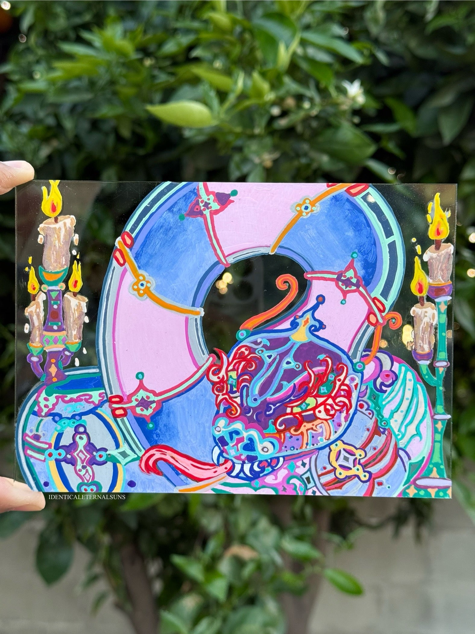 Serpentine, Celestial creature, ancient secrets, cosmic wisdom, rainbow hues, iridescent scales, flaming aura, elemental serpent art, medieval whimsy, mystical illumination, enigmatic presence, Divine order and chaos, Holy fire, guardian of knowledge, fantastical art, surreal paintings, whimsical artwork, colorful surrealism, detailed fantasy art, highly detailed paintings, maximalist art, colorful fine art, imaginative paintings, dreamlike art, narrative art, expressive art, detailed contemporary art