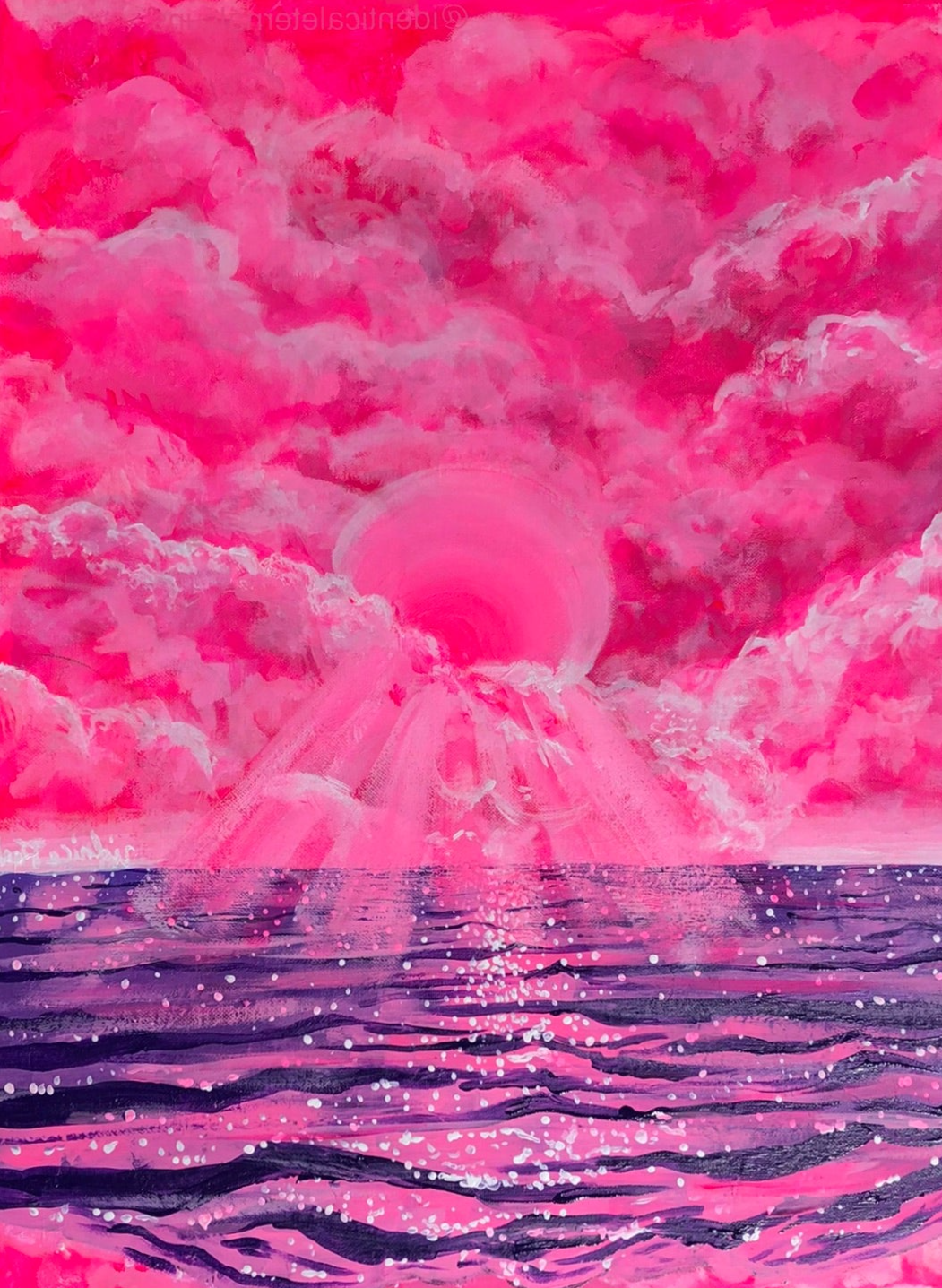 In a dream world were mermaids flip their tails and pixies flutter in the wind, here lies a pink and purple ocean and sky. Cotton candy pink sky painting. Magical purple ocean painting. Cotton candy sky aesthetic. Pink and purple skies artwork for sale. Dreamy worlds painting. Trippy pink and purple skies art. IdenticalEternalSuns