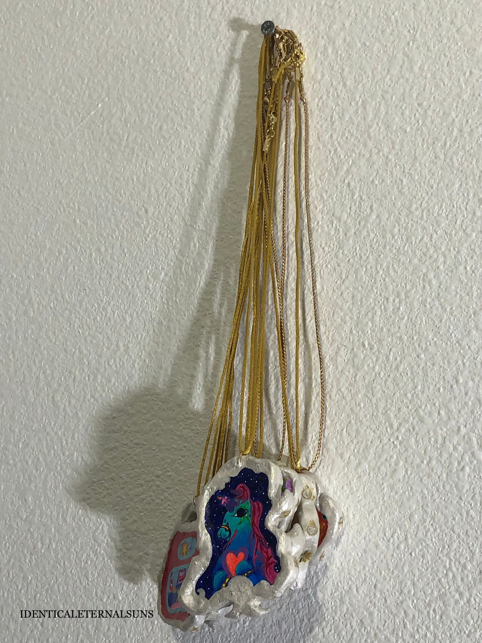 Whimsical art, Wearable necklaces, pendants, Clay jewelry, painted necklaces, colorful necklaces, whimsy jewelry, body adornment, clay amulets, handmade jewelry, One-of-a-kind necklaces, pendant necklace, unique necklaces, statement jewelry, earthy boho necklaces, boho jewelry, resin jewelry, resin pendants, resin charms, enchanting jewelry, whimsy necklaces, Beautiful ethereal jewelry, Ethereal pendant, Fairy inspired necklaces, Fairy pendant, Trippy necklace, Precious Ethereal Medallion necklace