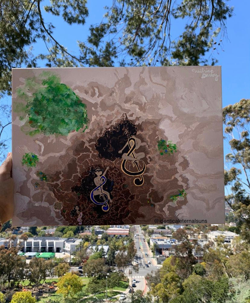 Emerging from a very dark abandoned cave emerges the triple three solar sound femmes that hold the magnetic sound principle of creation coming into the light, Whimsical earthy artwork, Musical notes inspired paintings. Playful music canvas wall art. Musical note art paintings. Treble clef art paintings, The Triple Treble Clef sisters, music room decor, Identicaleternalsuns