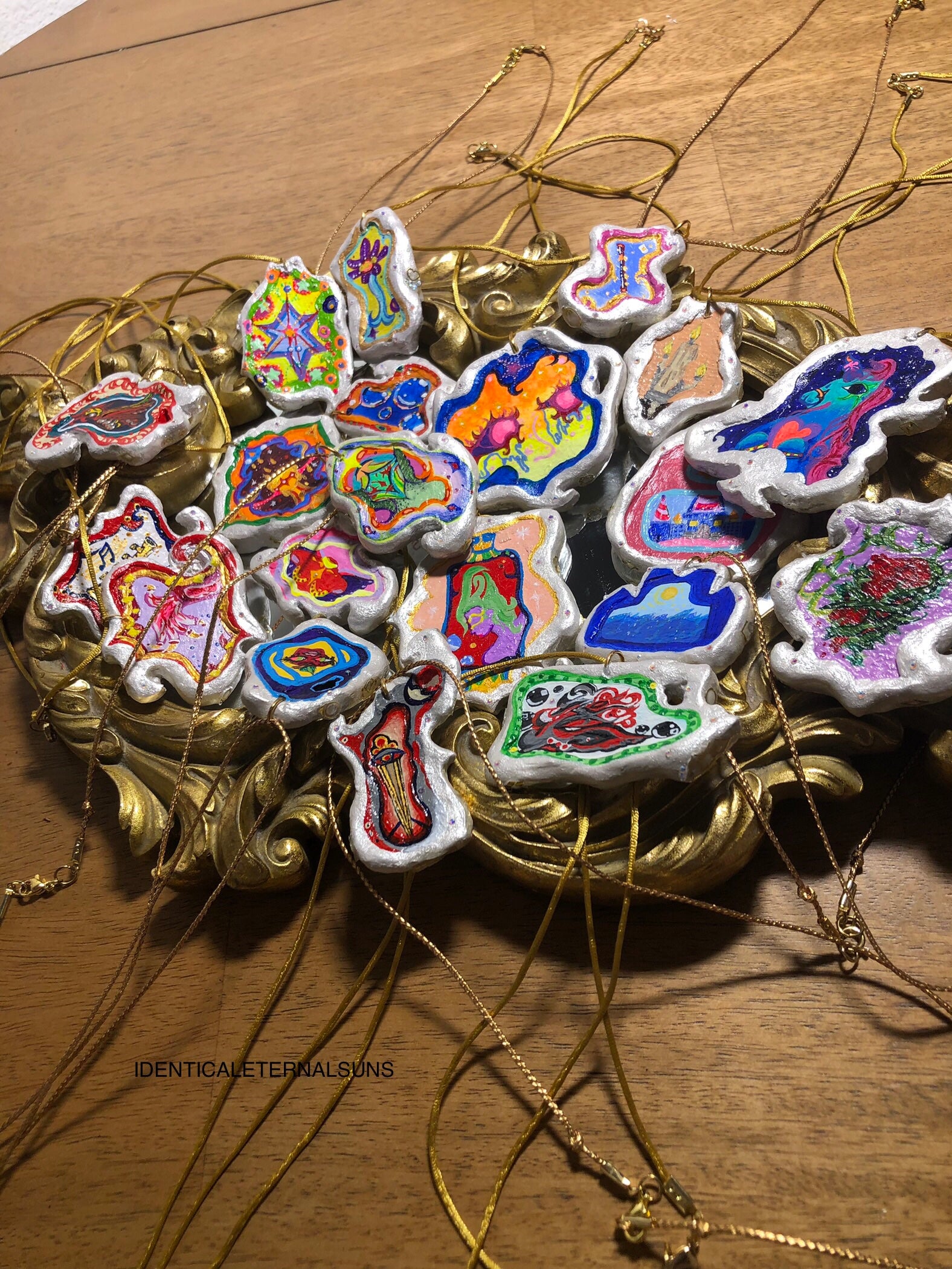 Whimsical art, Wearable necklaces, pendants, Clay jewelry, painted necklaces, colorful necklaces, whimsy jewelry, body adornment, clay amulets, handmade jewelry, One-of-a-kind necklaces, pendant necklace, unique necklaces, statement jewelry, earthy boho necklaces, boho jewelry, resin jewelry, resin pendants, resin charms, enchanting jewelry, whimsy necklaces, Beautiful ethereal jewelry, Ethereal pendant, Fairy inspired necklaces, Fairy pendant, Trippy necklace, Precious Ethereal Medallion necklace