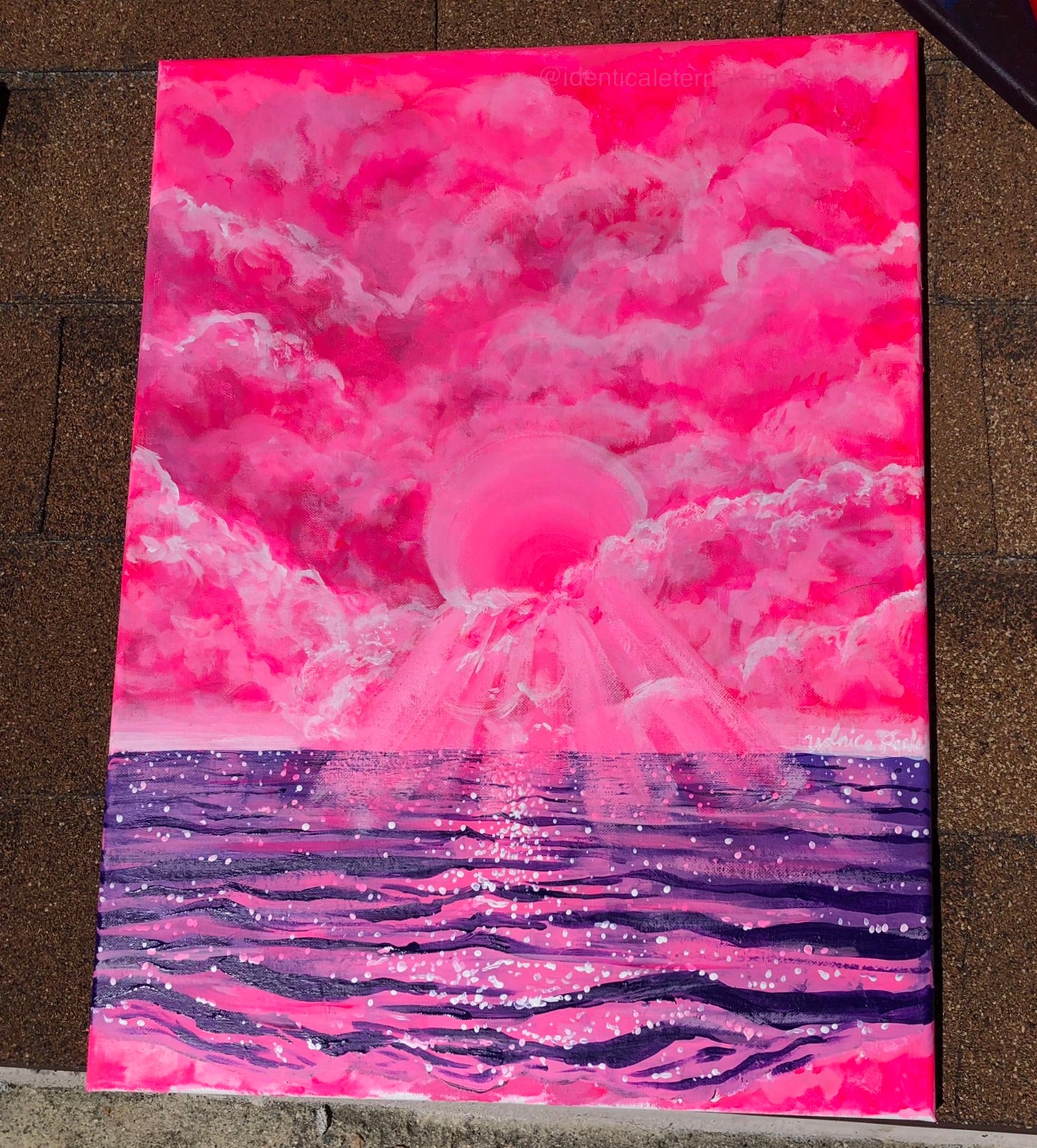 In a dream world were mermaids flip their tails and pixies flutter in the wind, here lies a pink and purple ocean and sky. Cotton candy pink sky painting. Magical purple ocean painting. Cotton candy sky aesthetic. Pink and purple skies artwork for sale. Dreamy worlds painting. Trippy pink and purple skies art. IdenticalEternalSuns