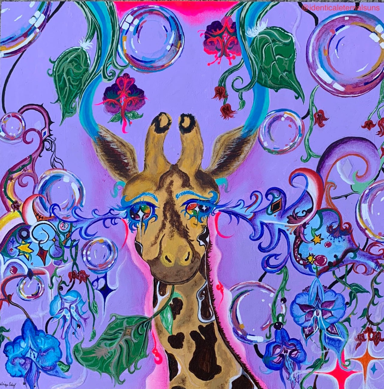 Rainbow trippy giraffe painting. Giraffe wood rainbow painting for sale. Psychedelic giraffe painting on wood. Rainbow baby giraffe wishes you to have a great day. Rainbow giraffe. Inner child artwork. Bubbly art for sale. Baby giraffe painting. Playful animal artwork for sale. Baby giraffe artwork. Colorful giraffe art, Rainbow Baby Giraffe in Euphoria, Rainbow Baby Giraffe in Euphoria Original Painting, animal room decor, giraffe room decor, giraffe wall art, trippy colorful giraffe painting