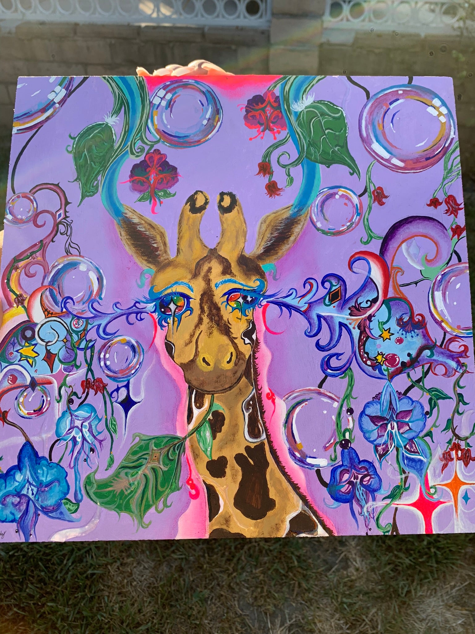 Rainbow trippy giraffe painting. Giraffe wood rainbow painting for sale. Psychedelic giraffe painting on wood. Rainbow baby giraffe wishes you to have a great day. Rainbow giraffe. Inner child artwork. Bubbly art for sale. Baby giraffe painting. Playful animal artwork for sale. Baby giraffe artwork. Colorful giraffe art, Rainbow Baby Giraffe in Euphoria, Rainbow Baby Giraffe in Euphoria Original Painting, animal room decor, giraffe room decor, giraffe wall art, trippy colorful giraffe painting