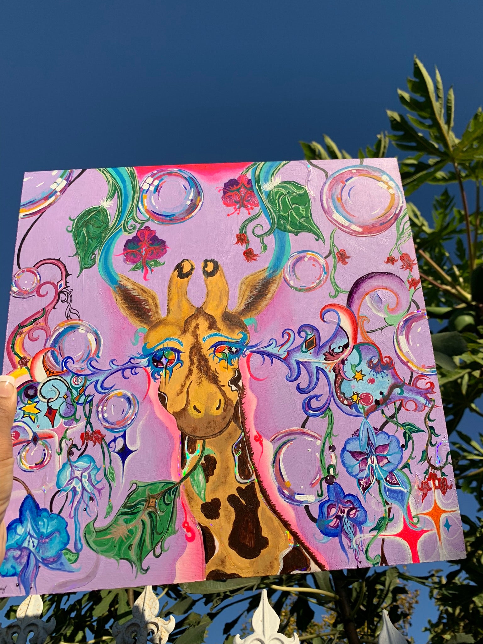 Rainbow trippy giraffe painting. Giraffe wood rainbow painting for sale. Psychedelic giraffe painting on wood. Rainbow baby giraffe wishes you to have a great day. Rainbow giraffe. Inner child artwork. Bubbly art for sale. Baby giraffe painting. Playful animal artwork for sale. Baby giraffe artwork. Colorful giraffe art, Rainbow Baby Giraffe in Euphoria, Rainbow Baby Giraffe in Euphoria Original Painting, animal room decor, giraffe room decor, giraffe wall art, trippy colorful giraffe painting