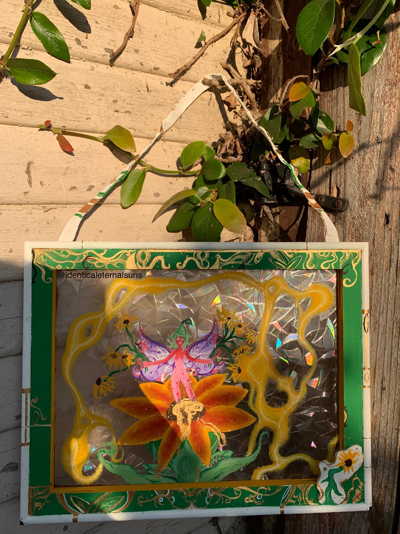 Iridescent Golden Sunflower Goddess Original wall hanging painting