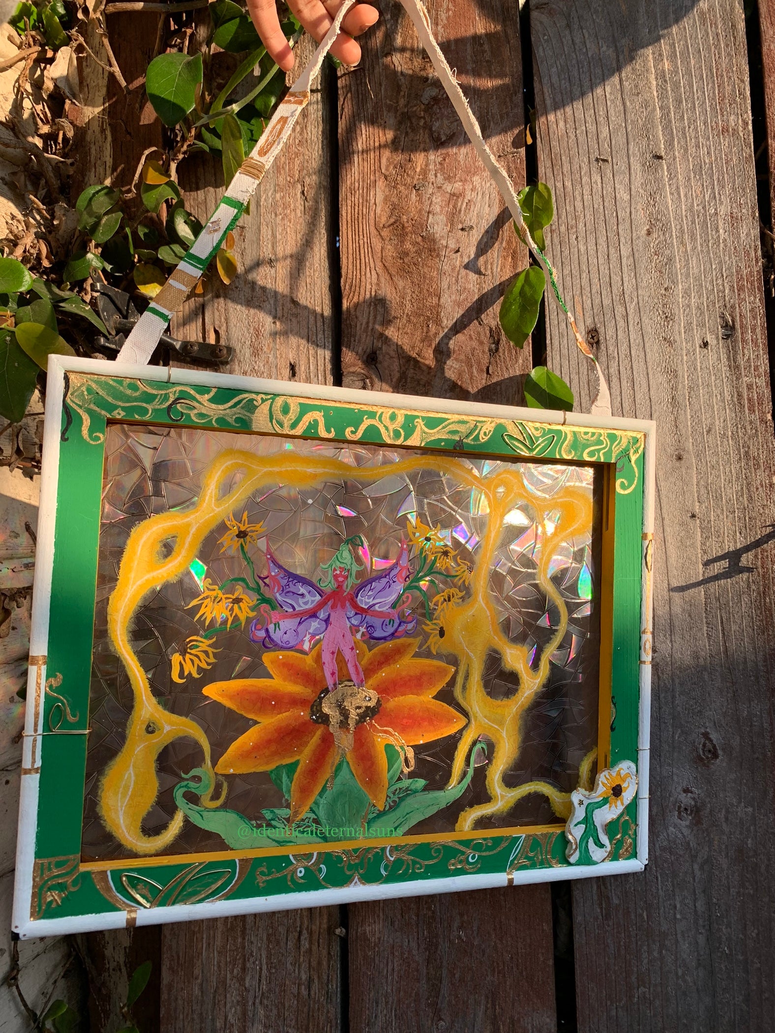 Iridescent Golden Sunflower Goddess Original wall hanging painting