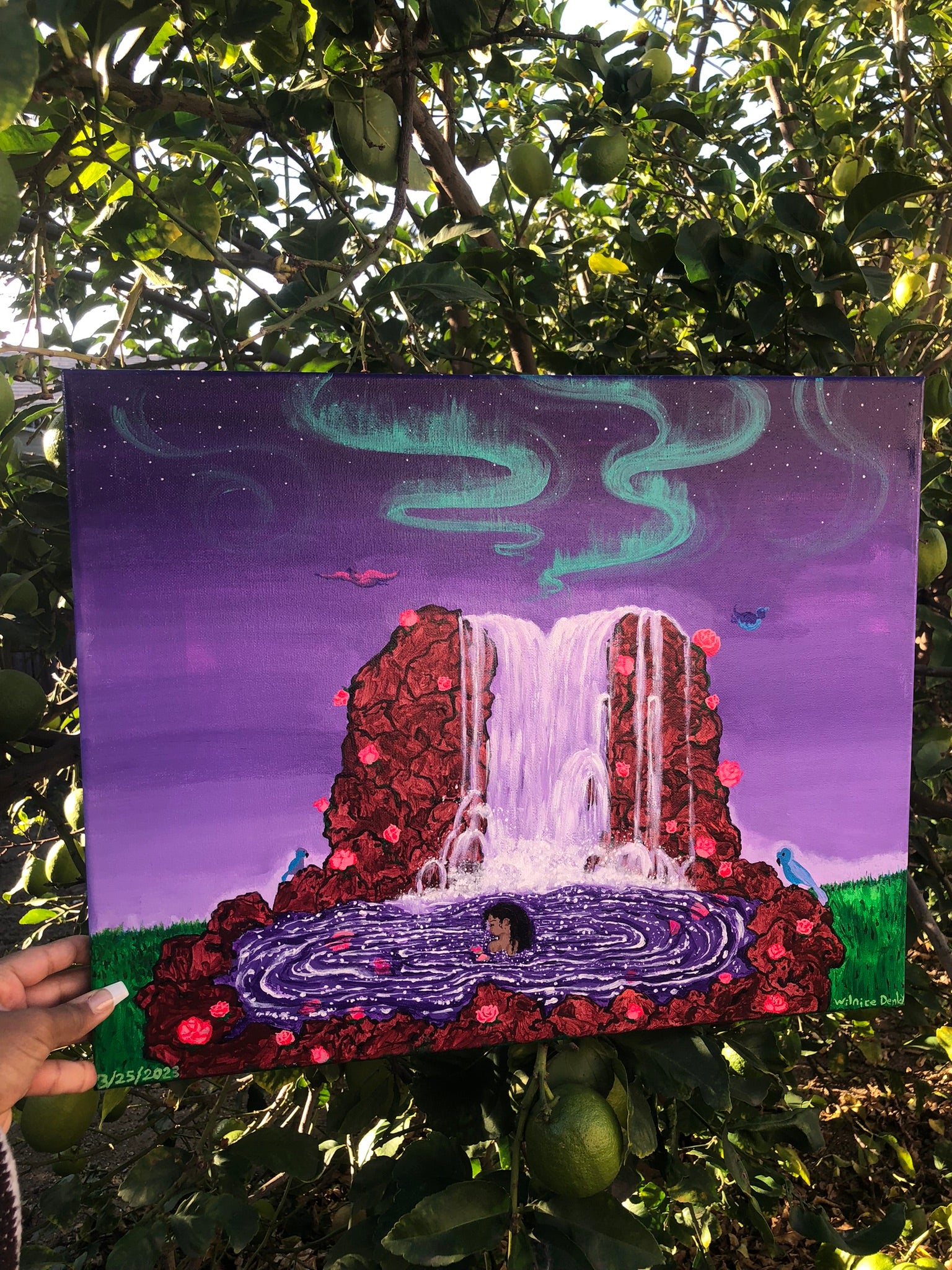 Climbing Rose Waterfall Sanctuary Original Painting