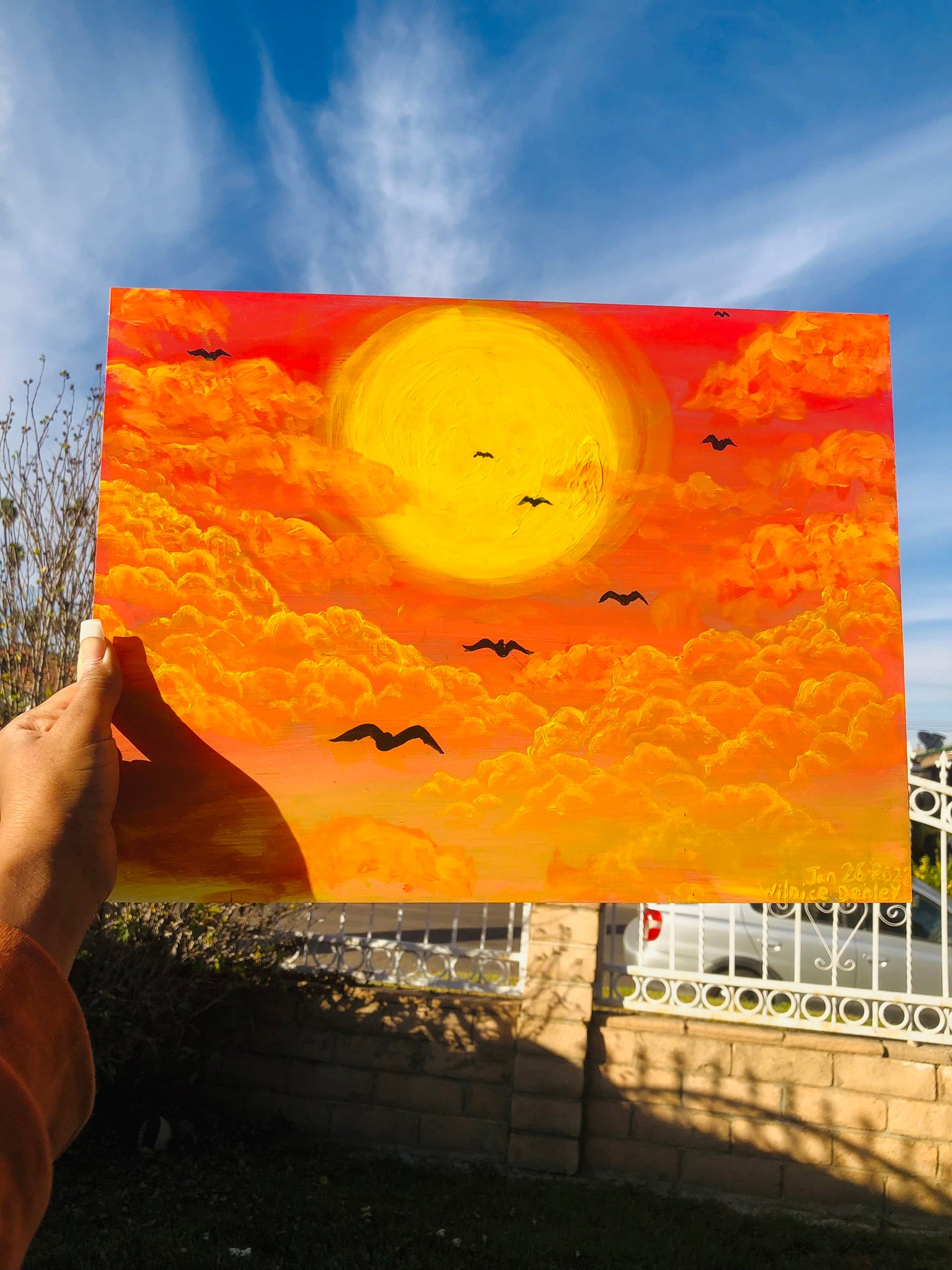 Warm Golden Hour Sunset Horizon Original Painting, summer painting, summer, sun artwork for sale, horizon, bird artwork for sale, golden hour artwork, golden hour, golden hour painting for sale, calm, serene, sunlight, sunshine, sunset, sunset painting, sunset painting for sale, sunrise, sunrise painting, sunrise painting for sale, sunset art, sunrise art, Sunset painting for sale. Golden hour sunset artwork for sale. Bird migration artwork. Flying birds by the sun artwork, identicaleternalsuns