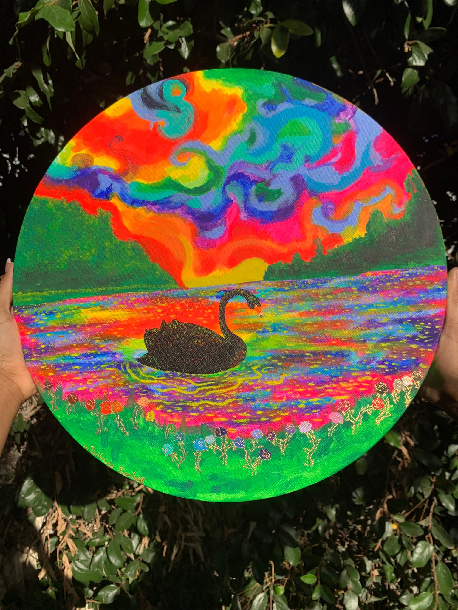 Black swan floating in a rainbow atmosphere Original Painting