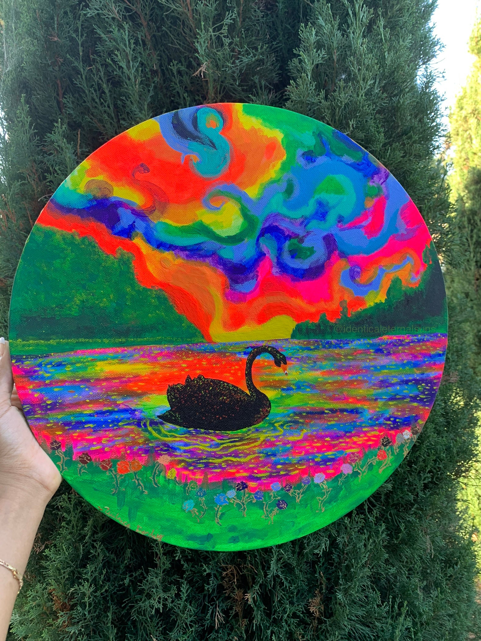 Black swan floating in a rainbow atmosphere Original Painting