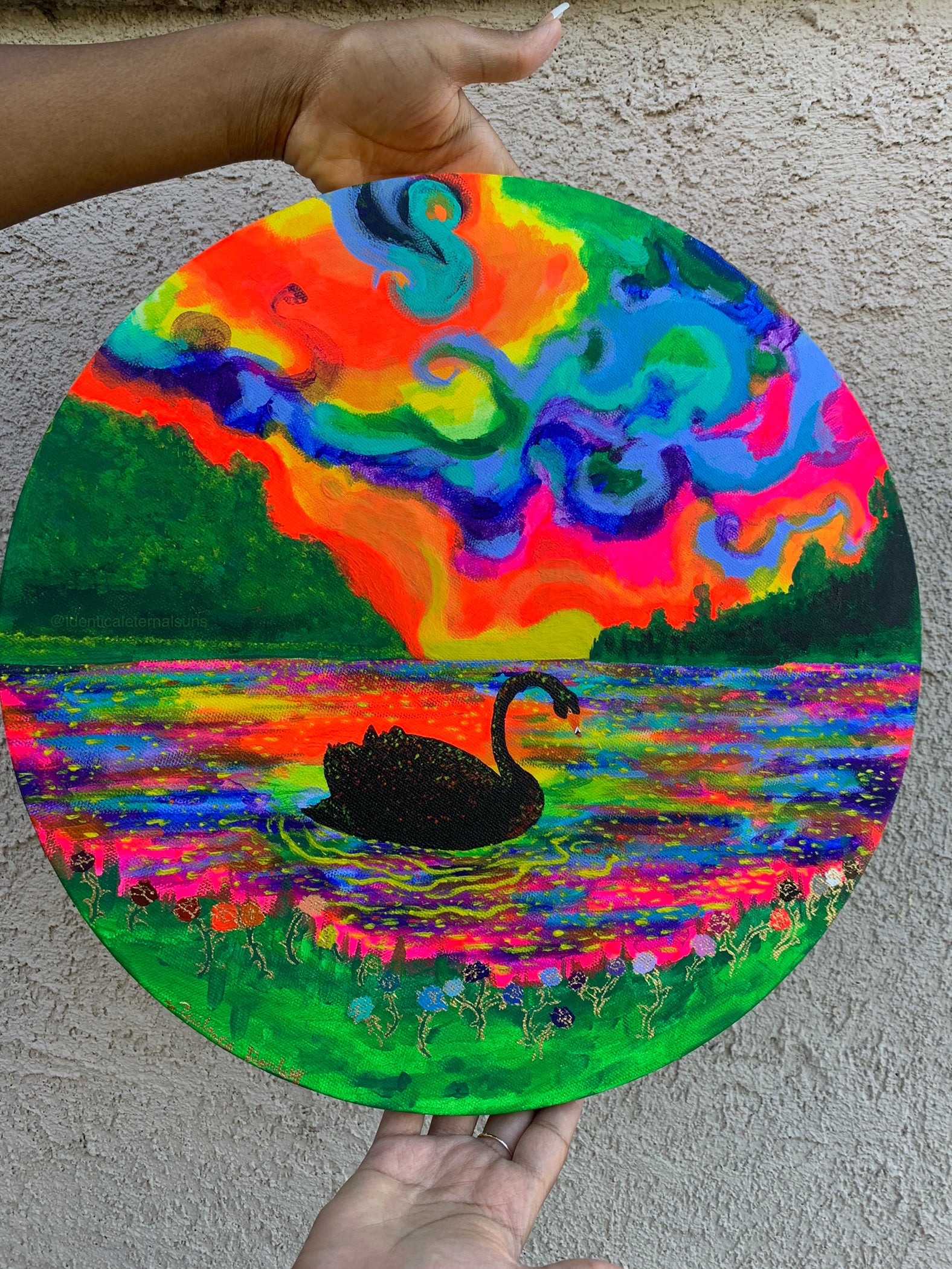 Black swan floating in a rainbow atmosphere Original Painting