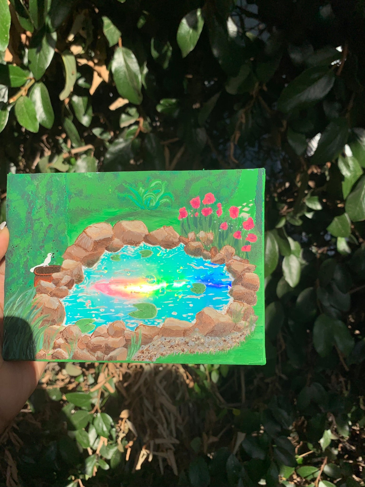 Rainbow Iridescent pond of mystery original painting, iridescence, iridescent pond, iridescent pond painting for sale, rainbow pond painting for sale, rainbow pond, nature painting, nature art, iridescent artwork, iridescent pond art, rocky iridescent pond, pond painting for sale, beautiful iridescent pond painting, beautiful rainbow iridescent pond painting, Identicaleternalsuns