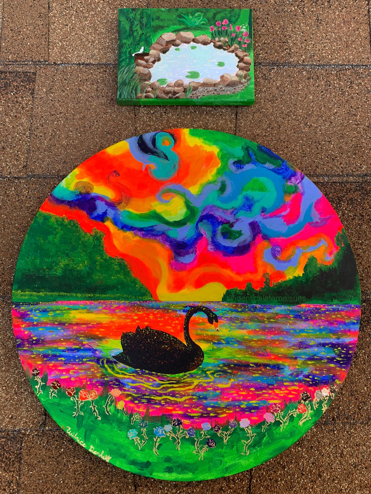 Black swan floating in a rainbow atmosphere Original Painting