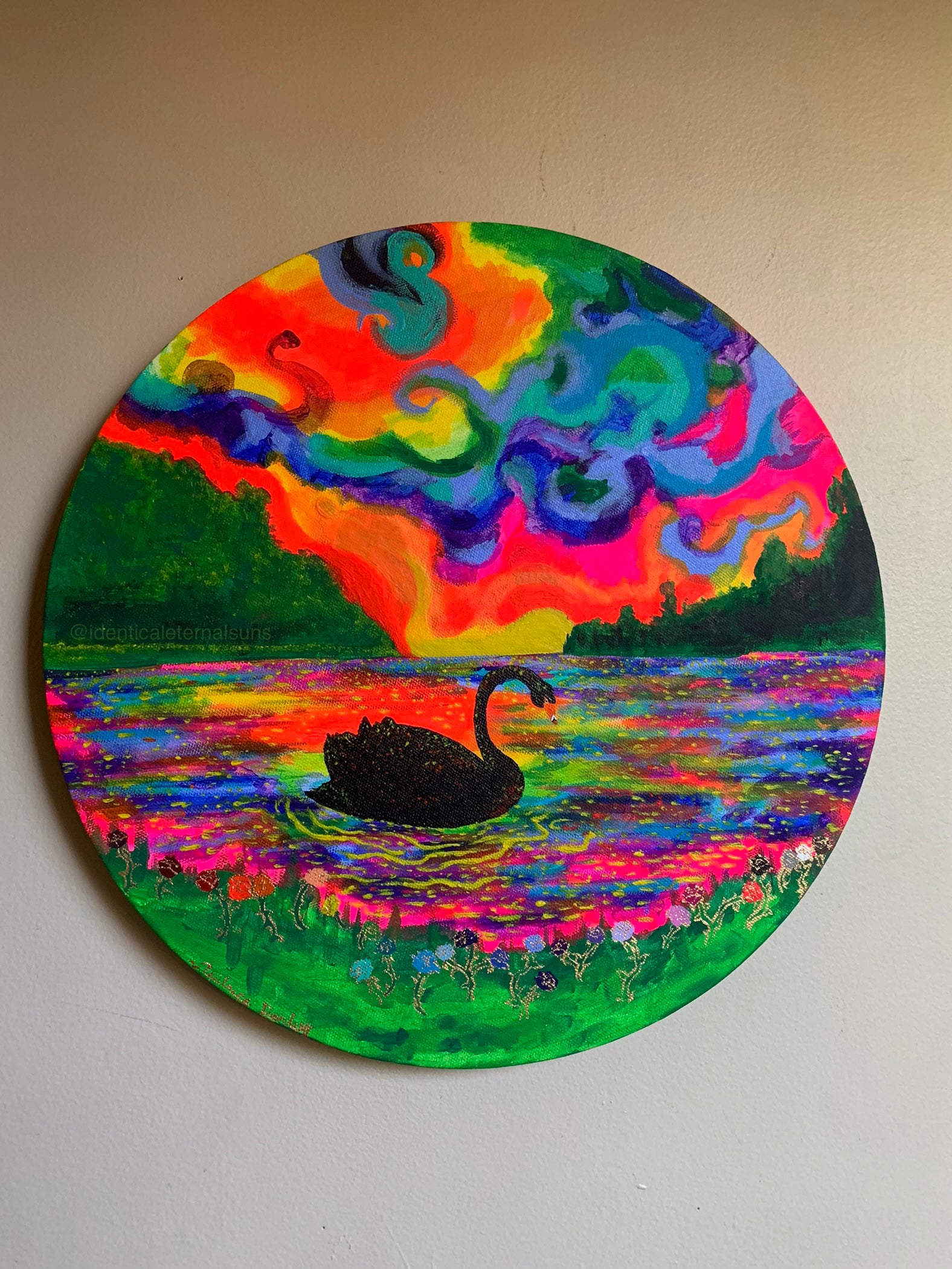 Black swan floating in a rainbow atmosphere Original Painting