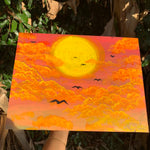 Warm Golden Hour Sunset Horizon Original Painting, summer painting, summer, sun artwork for sale, horizon, bird artwork for sale, golden hour artwork, golden hour, golden hour painting for sale, calm, serene, sunlight, sunshine, sunset, sunset painting, sunset painting for sale, sunrise, sunrise painting, sunrise painting for sale, sunset art, sunrise art, Sunset painting for sale. Golden hour sunset artwork for sale. Bird migration artwork. Flying birds by the sun artwork, identicaleternalsuns
