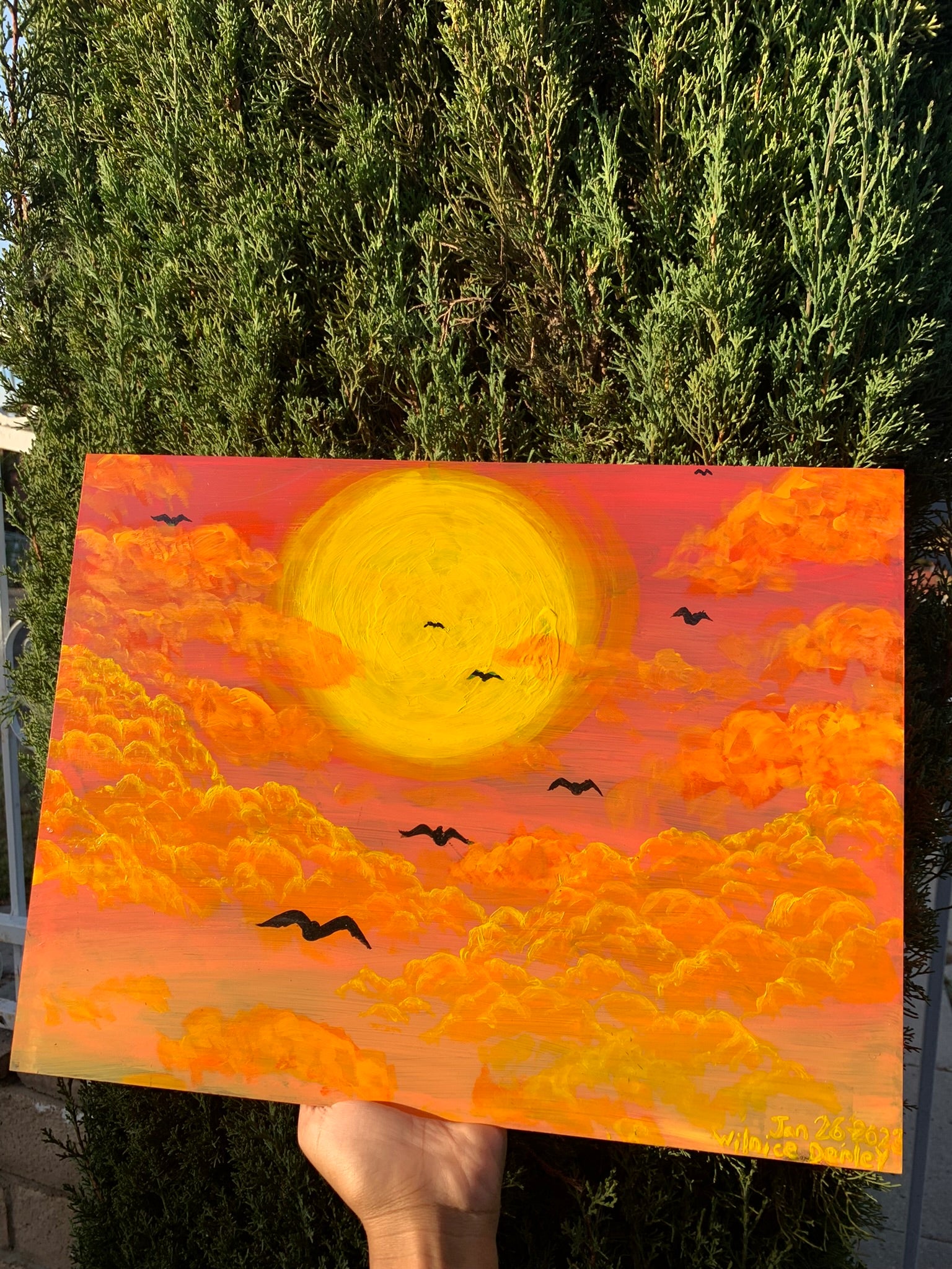 Warm Golden Hour Sunset Horizon Original Painting, summer painting, summer, sun artwork for sale, horizon, bird artwork for sale, golden hour artwork, golden hour, golden hour painting for sale, calm, serene, sunlight, sunshine, sunset, sunset painting, sunset painting for sale, sunrise, sunrise painting, sunrise painting for sale, sunset art, sunrise art, Sunset painting for sale. Golden hour sunset artwork for sale. Bird migration artwork. Flying birds by the sun artwork, identicaleternalsuns