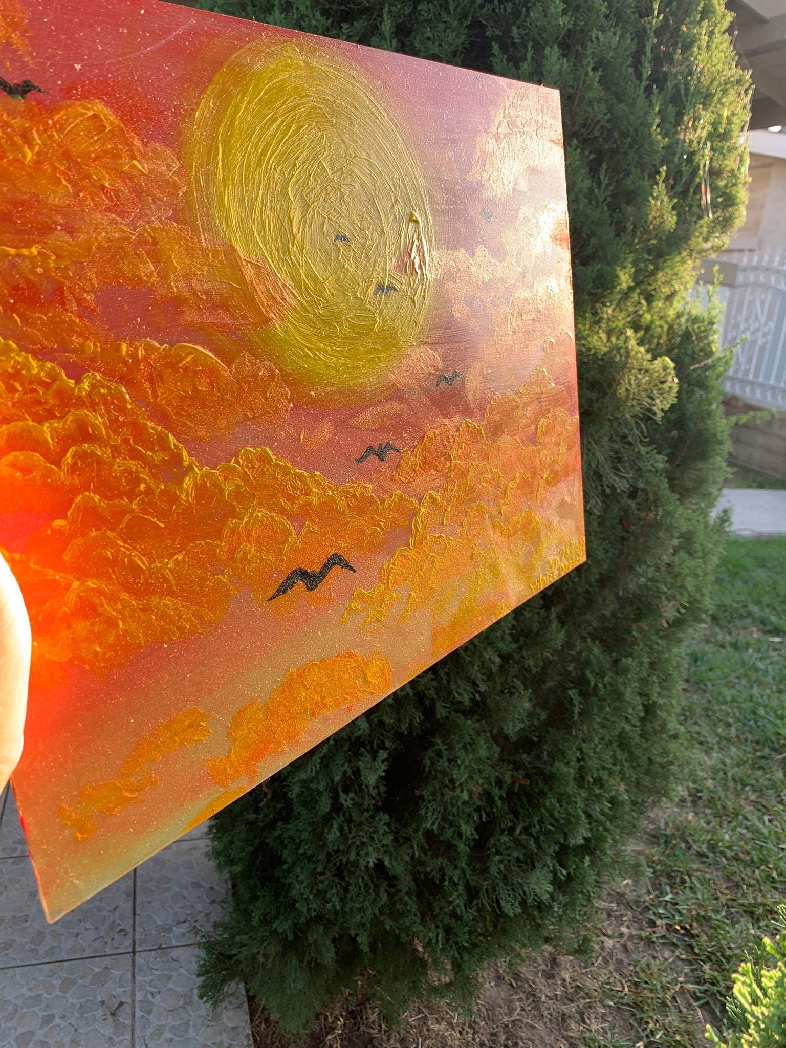 Warm Golden Hour Sunset Horizon Original Painting, summer painting, summer, sun artwork for sale, horizon, bird artwork for sale, golden hour artwork, golden hour, golden hour painting for sale, calm, serene, sunlight, sunshine, sunset, sunset painting, sunset painting for sale, sunrise, sunrise painting, sunrise painting for sale, sunset art, sunrise art, Sunset painting for sale. Golden hour sunset artwork for sale. Bird migration artwork. Flying birds by the sun artwork, identicaleternalsuns