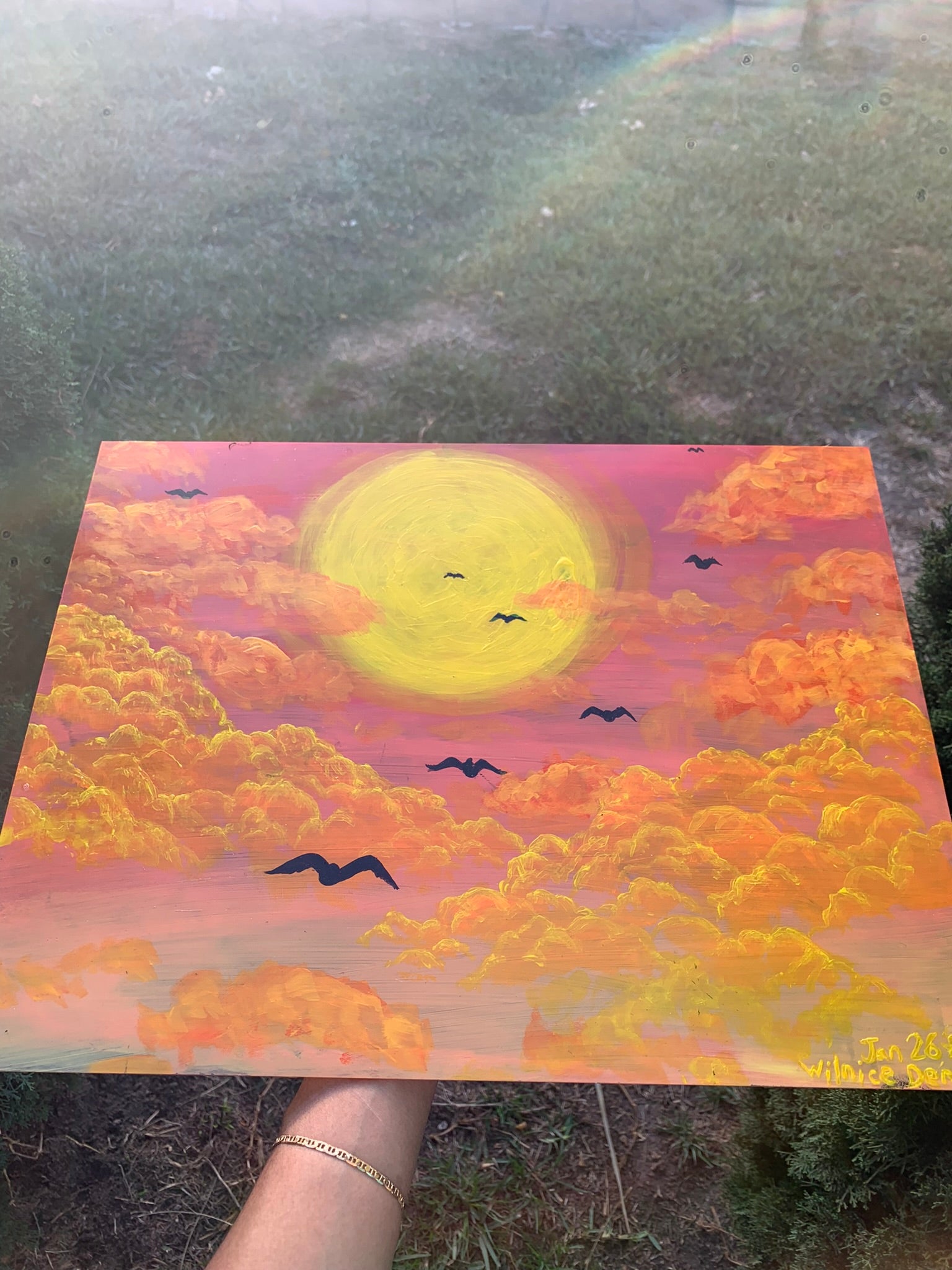 Warm Golden Hour Sunset Horizon Original Painting, summer painting, summer, sun artwork for sale, horizon, bird artwork for sale, golden hour artwork, golden hour, golden hour painting for sale, calm, serene, sunlight, sunshine, sunset, sunset painting, sunset painting for sale, sunrise, sunrise painting, sunrise painting for sale, sunset art, sunrise art, Sunset painting for sale. Golden hour sunset artwork for sale. Bird migration artwork. Flying birds by the sun artwork, identicaleternalsuns