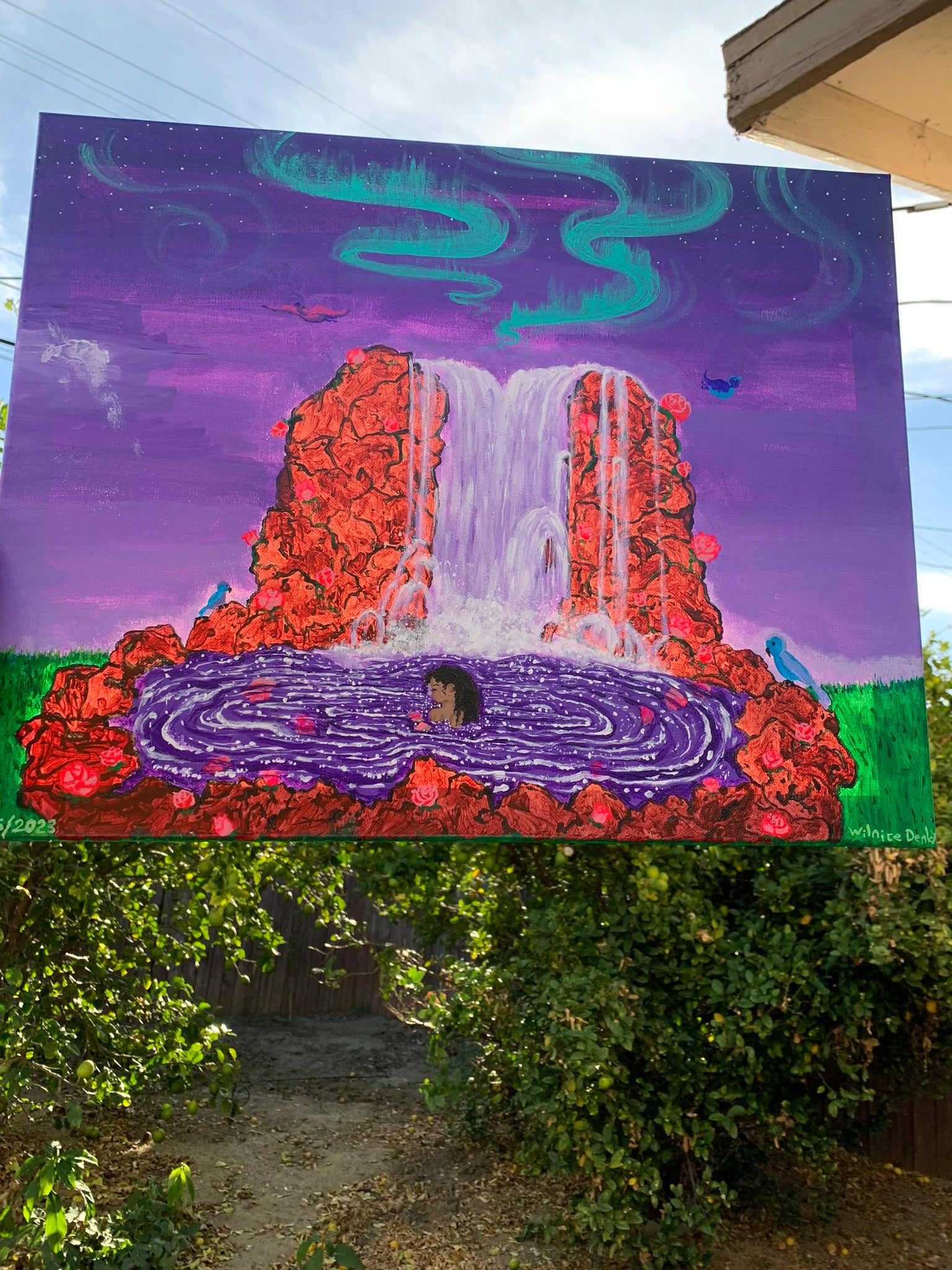 Climbing Rose Waterfall Sanctuary Original Painting