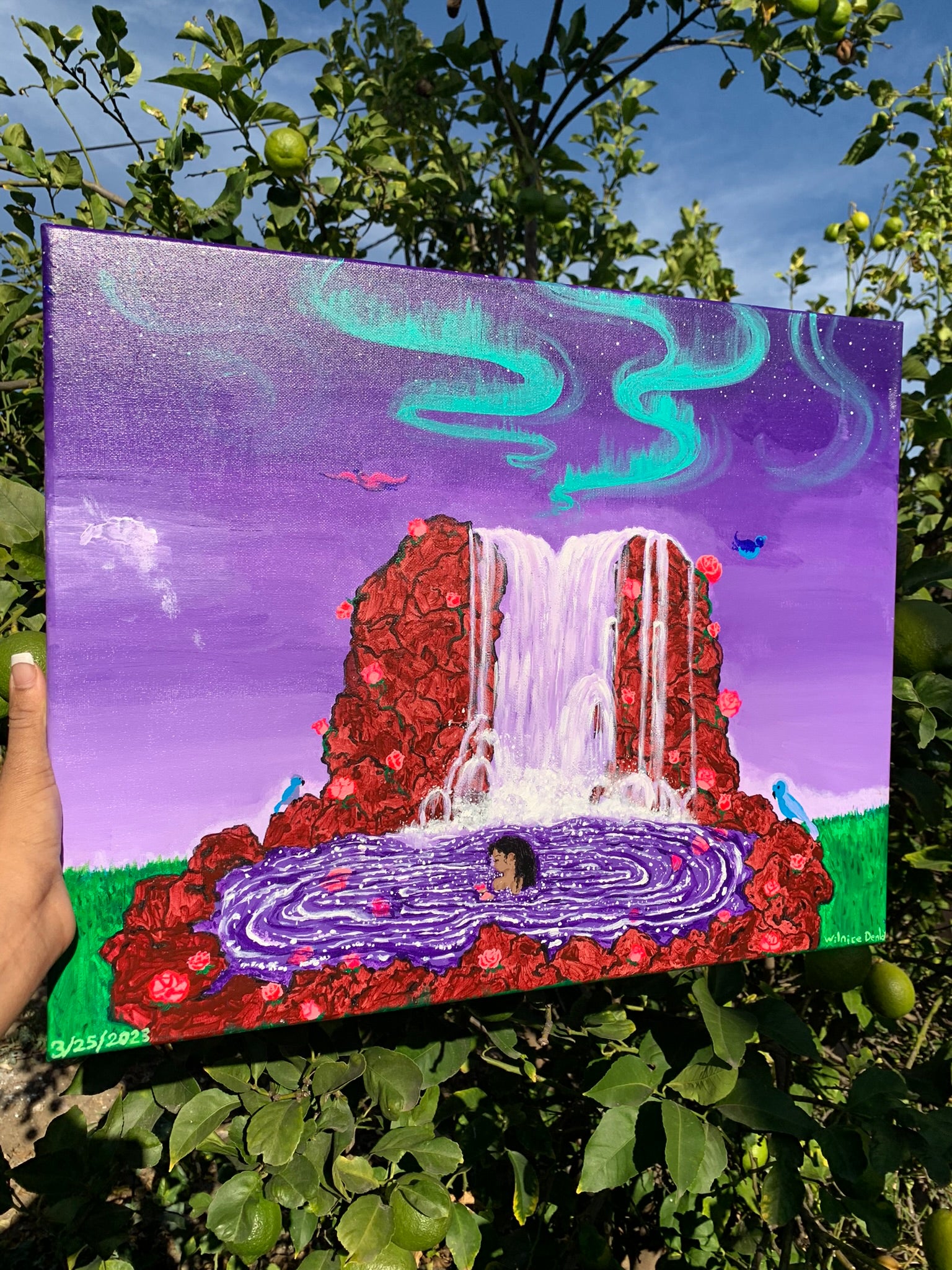 Climbing Rose Waterfall Sanctuary Original Painting