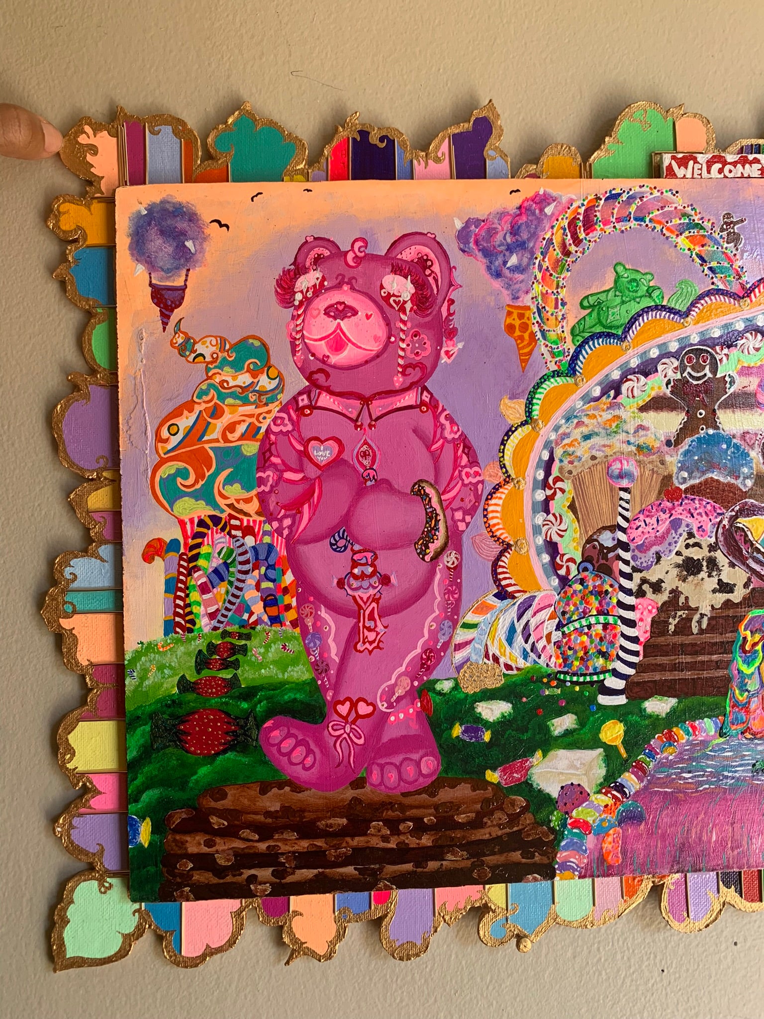 Sugar Bear Palace, Sugar Bear Palace Original Painting, Identicaleternalsuns, art collection, DenleyTwins, whimsical, interactiveart, majestic, ecstatic, colorful, wonderland, surrealism, childlike, visionaryart, art ,painting, expression, sugarbears, uniquefinds, sweetheart, homesweethome, candyshop, bearart, nostalgia, sugar, candy, candyland, palace, sweettooth, dessert, kindness, otherworldly, cute, empathy, sugarbearartwork, bakeryart, candystoreartwork, candyshopart,