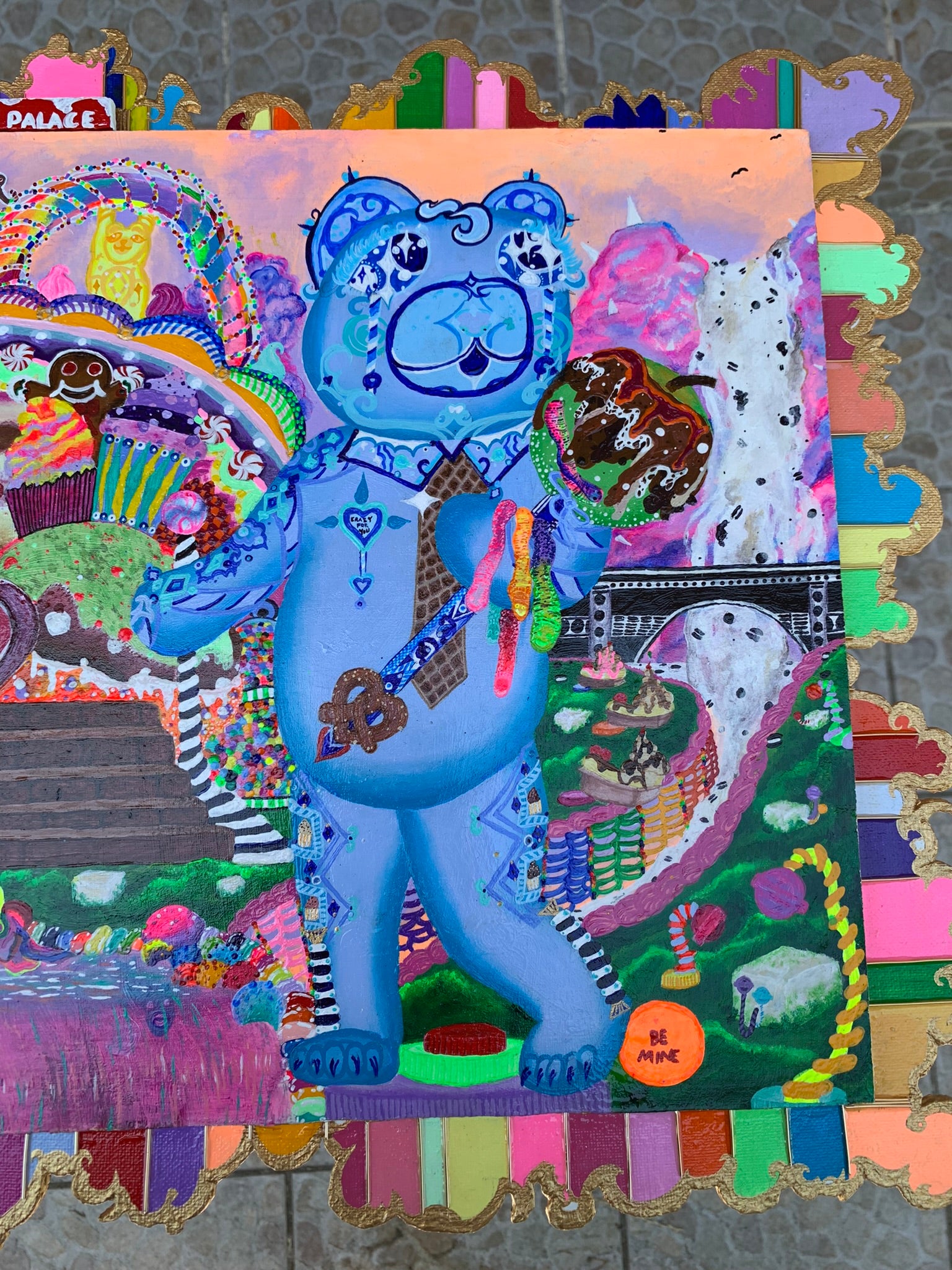 Sugar Bear Palace, Sugar Bear Palace Original Painting, Identicaleternalsuns, art collection, DenleyTwins, whimsical, interactiveart, majestic, ecstatic, colorful, wonderland, surrealism, childlike, visionaryart, art ,painting, expression, sugarbears, uniquefinds, sweetheart, homesweethome, candyshop, bearart, nostalgia, sugar, candy, candyland, palace, sweettooth, dessert, kindness, otherworldly, cute, empathy, sugarbearartwork, bakeryart, candystoreartwork, candyshopart,