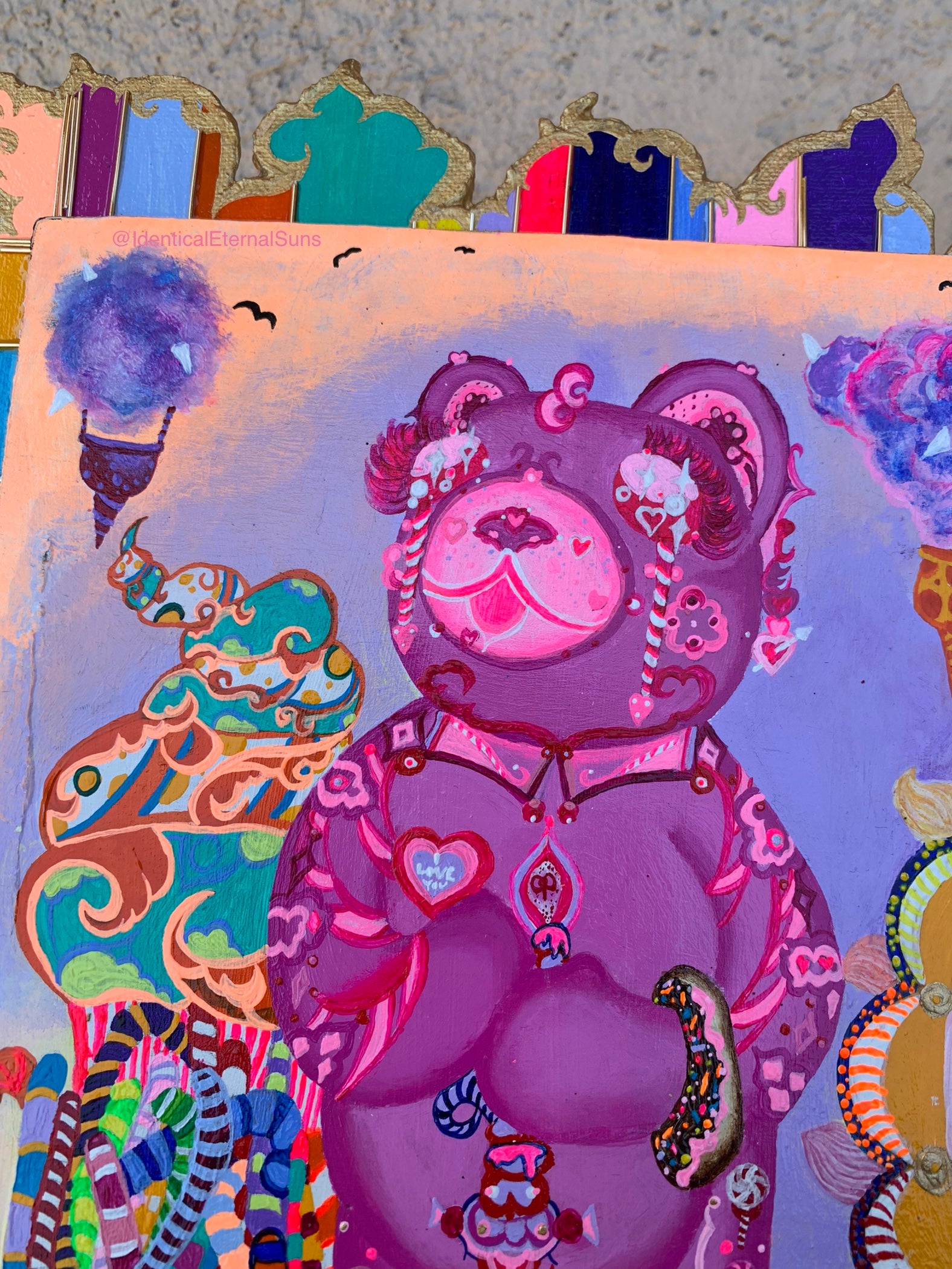 Sugar Bear Palace, Sugar Bear Palace Original Painting, Identicaleternalsuns, art collection, DenleyTwins, whimsical, interactiveart, majestic, ecstatic, colorful, wonderland, surrealism, childlike, visionaryart, art ,painting, expression, sugarbears, uniquefinds, sweetheart, homesweethome, candyshop, bearart, nostalgia, sugar, candy, candyland, palace, sweettooth, dessert, kindness, otherworldly, cute, empathy, sugarbearartwork, bakeryart, candystoreartwork, candyshopart,