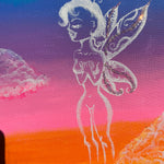 Sweetheart Diamond Femme Fairy from Mother Gaia visits the earth realm to assist in the collective heart awakening. Rhinestone artwork, Crystal fairy, sweetheart diamond fairy, Sparkle Fairy art. Faerie paintings, pixie fairy artwork for sale. Fairy Ombre Colorful art. Sweetheart Diamond Femme Fairy Embellished Acrylic painting, IdenticalEternalSuns