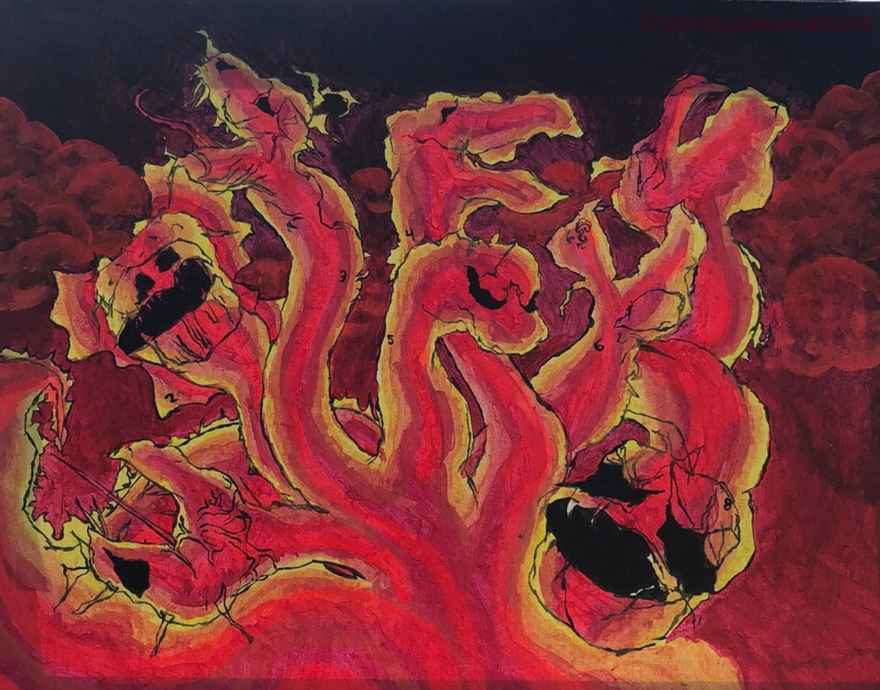 Red Hydras, multiple-headed dragons, trippy hydra painting, hydra artwork, hydra painting for sale, hydra heads artwork for sale, multiple hydra heads artwork, hydra art, hydra family, Thermal Hydras Original Painting, IdenticalEternalSuns, red room decor, Aries art