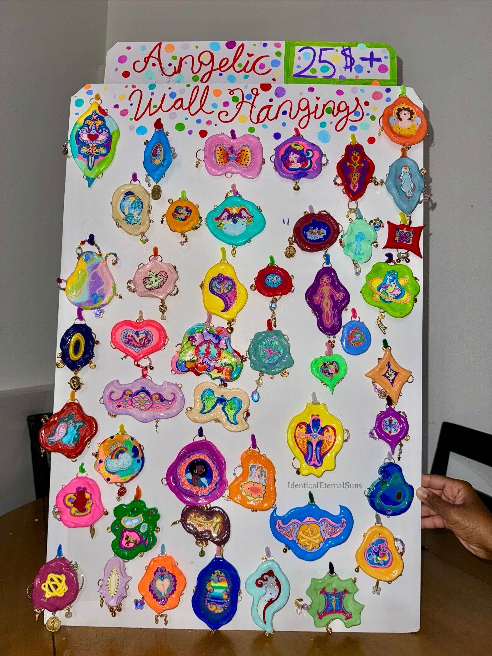 Angelic Wall Hangings, Angel Orb wall hanging with embellishments, Angelic wall hangings, enchanting wall art, celestial decor, heavenly artwork, magical, persuasive, vibrant, sacred beauty, radiant, uplifting joy, playful, whimsical, captivating, celestial charm, handmade, devotion, timeless treasure, awe-inspiring, versatile, keychains, purses, sanctuary, unique gift, friendship emblem, collectible, ethereal, delightful, trippy, heartfelt, good vibes, radiant aura, Delight, angel energy, 