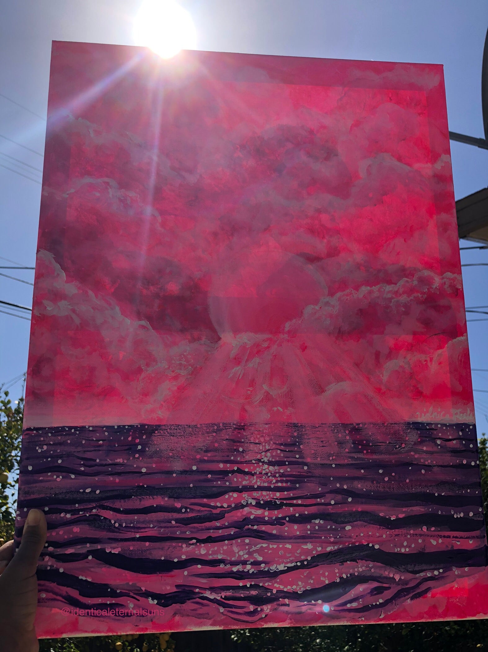 In a dream world were mermaids flip their tails and pixies flutter in the wind, here lies a pink and purple ocean and sky. Cotton candy pink sky painting. Magical purple ocean painting. Cotton candy sky aesthetic. Pink and purple skies artwork for sale. Dreamy worlds painting. Trippy pink and purple skies art. IdenticalEternalSuns