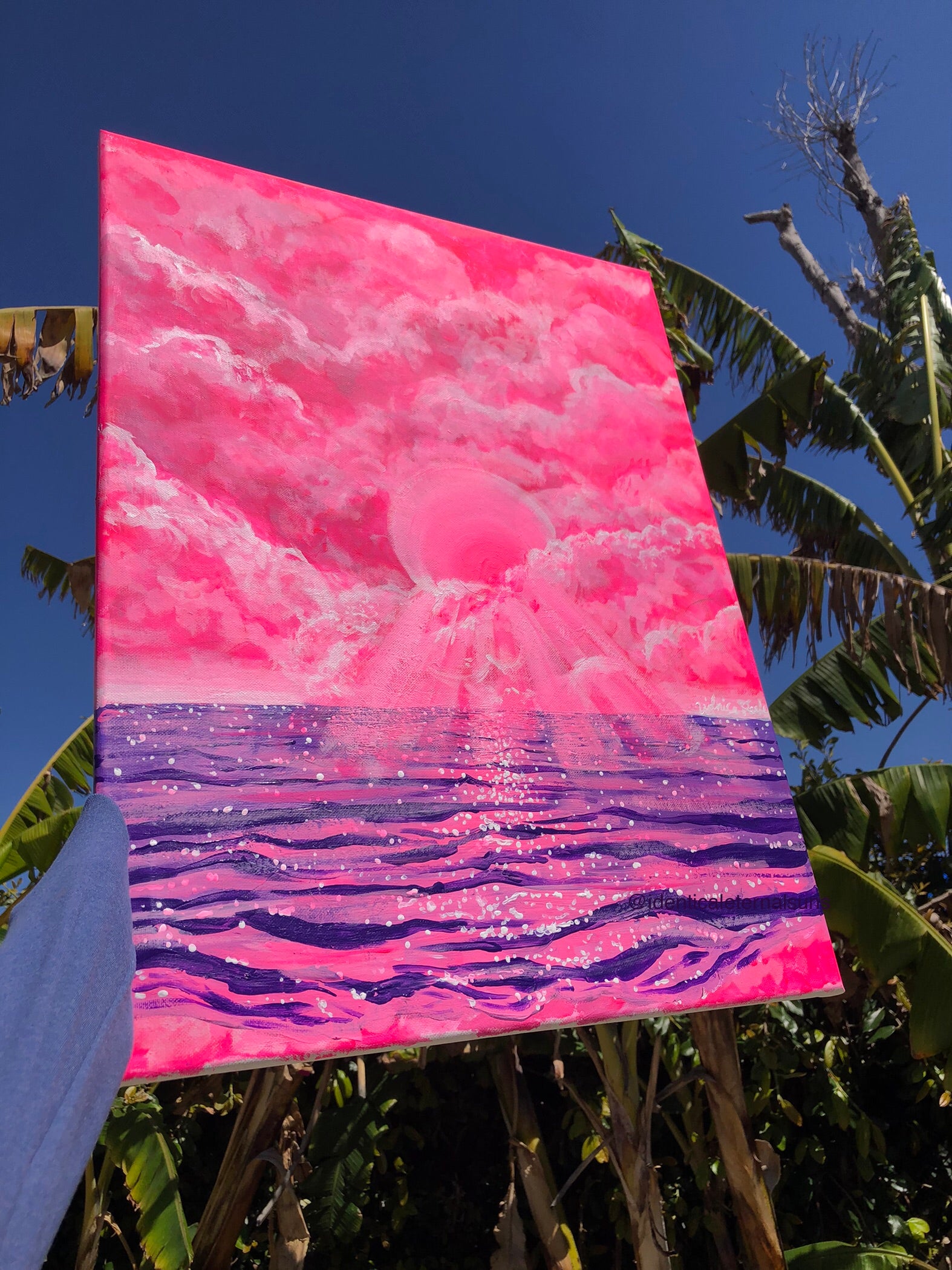 In a dream world were mermaids flip their tails and pixies flutter in the wind, here lies a pink and purple ocean and sky. Cotton candy pink sky painting. Magical purple ocean painting. Cotton candy sky aesthetic. Pink and purple skies artwork for sale. Dreamy worlds painting. Trippy pink and purple skies art. IdenticalEternalSuns