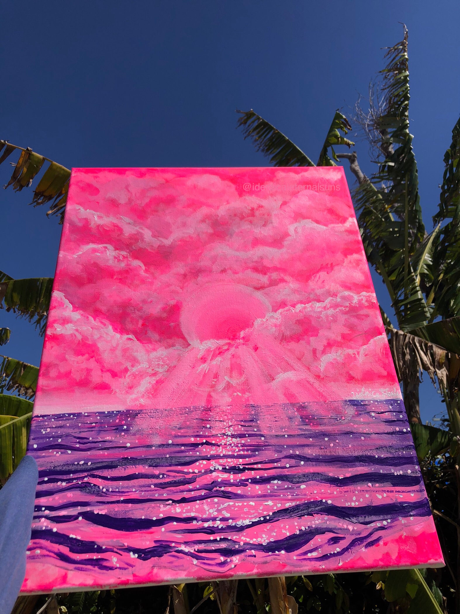 In a dream world were mermaids flip their tails and pixies flutter in the wind, here lies a pink and purple ocean and sky. Cotton candy pink sky painting. Magical purple ocean painting. Cotton candy sky aesthetic. Pink and purple skies artwork for sale. Dreamy worlds painting. Trippy pink and purple skies art. IdenticalEternalSuns