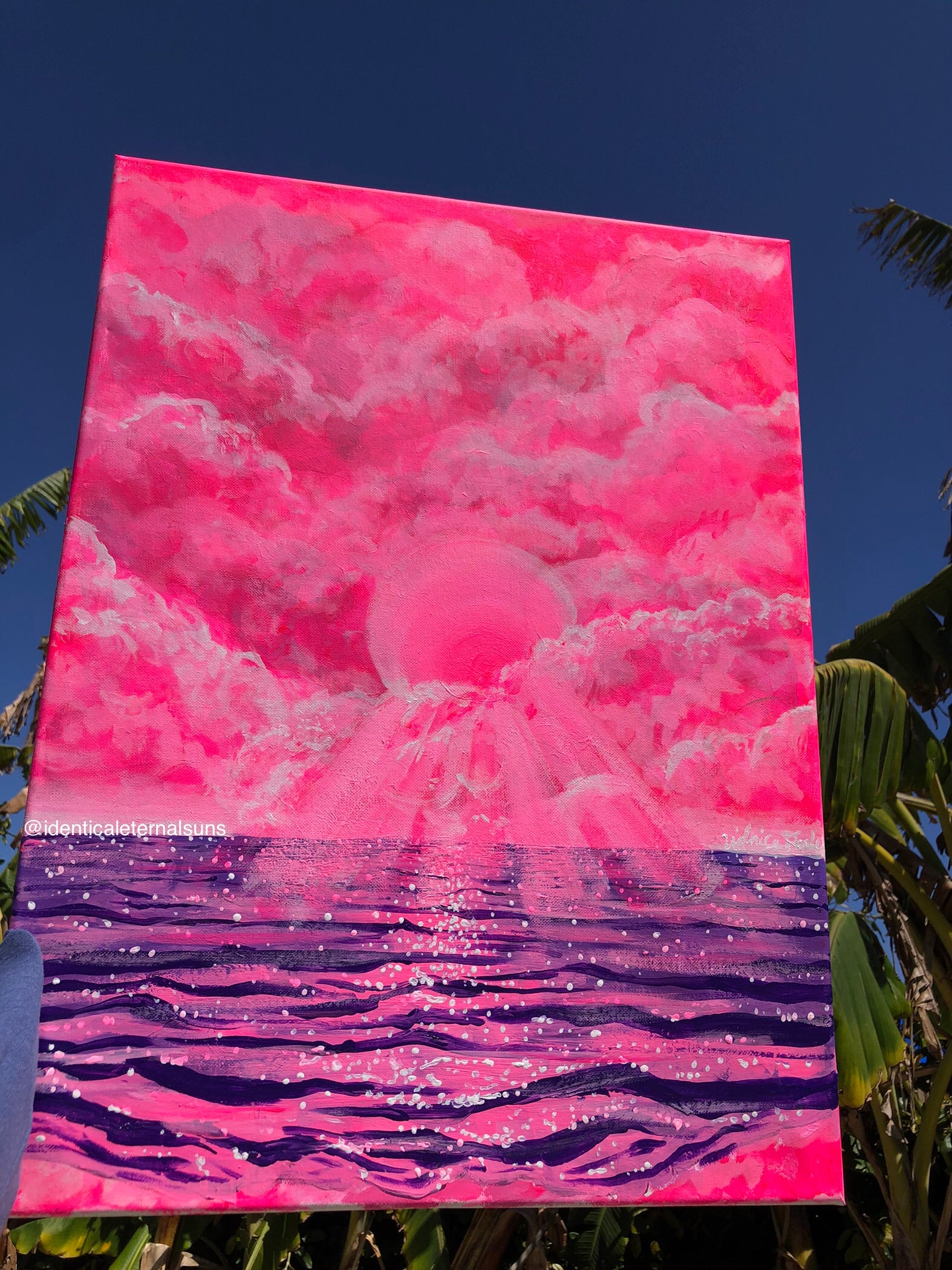 In a dream world were mermaids flip their tails and pixies flutter in the wind, here lies a pink and purple ocean and sky. Cotton candy pink sky painting. Magical purple ocean painting. Cotton candy sky aesthetic. Pink and purple skies artwork for sale. Dreamy worlds painting. Trippy pink and purple skies art. IdenticalEternalSuns