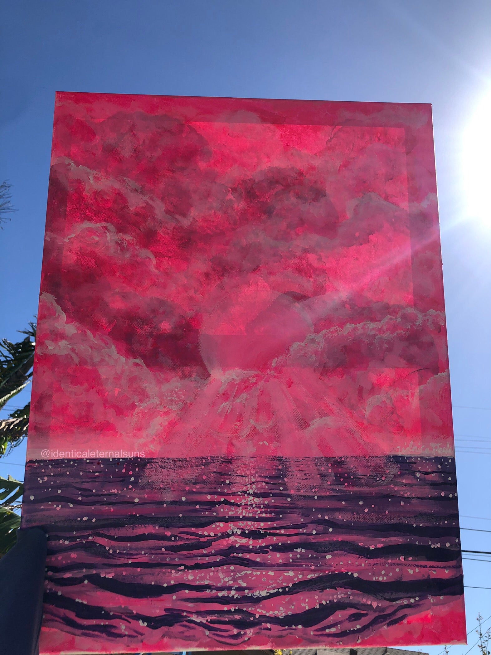 In a dream world were mermaids flip their tails and pixies flutter in the wind, here lies a pink and purple ocean and sky. Cotton candy pink sky painting. Magical purple ocean painting. Cotton candy sky aesthetic. Pink and purple skies artwork for sale. Dreamy worlds painting. Trippy pink and purple skies art. IdenticalEternalSuns