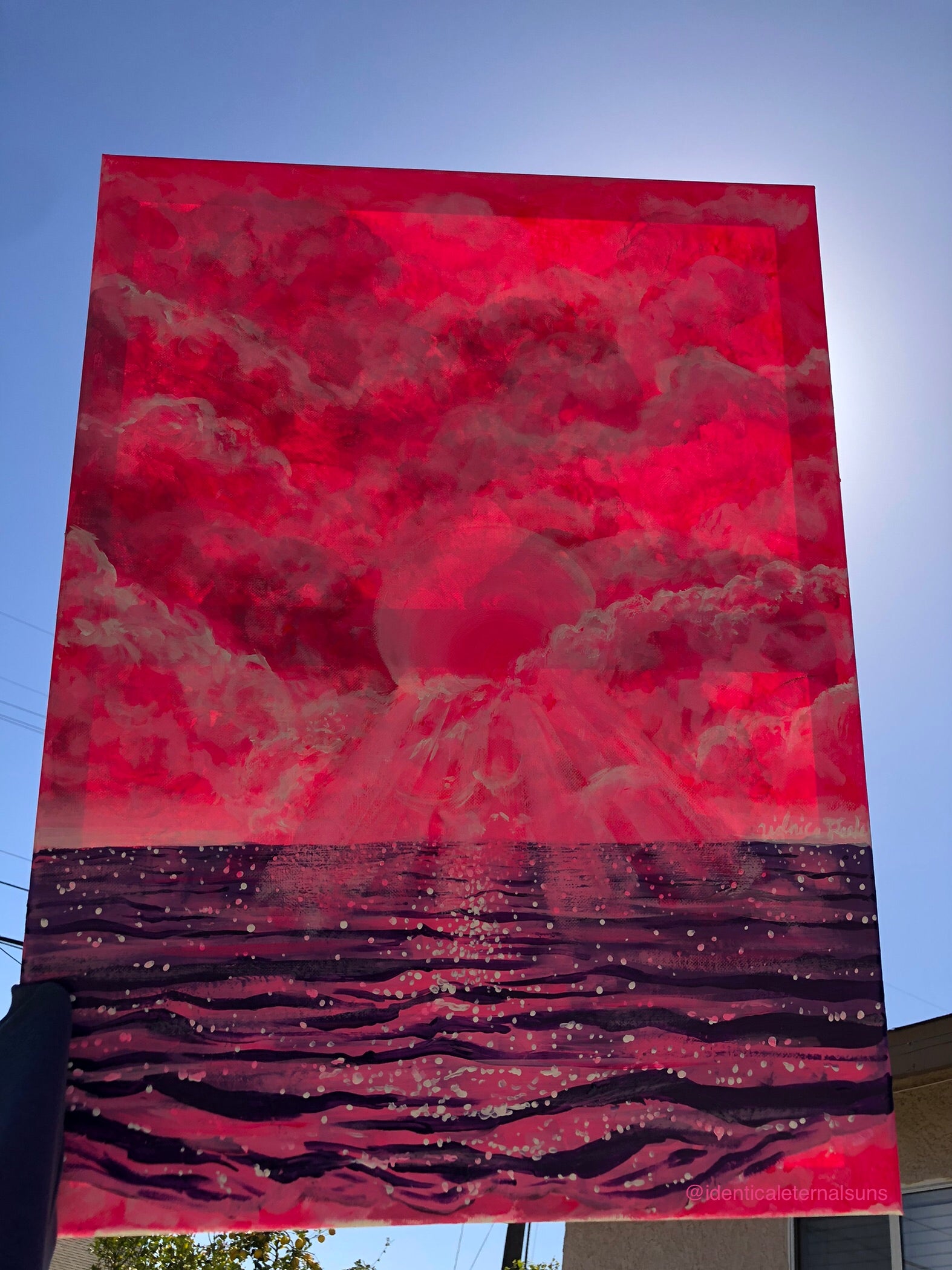 In a dream world were mermaids flip their tails and pixies flutter in the wind, here lies a pink and purple ocean and sky. Cotton candy pink sky painting. Magical purple ocean painting. Cotton candy sky aesthetic. Pink and purple skies artwork for sale. Dreamy worlds painting. Trippy pink and purple skies art. IdenticalEternalSuns