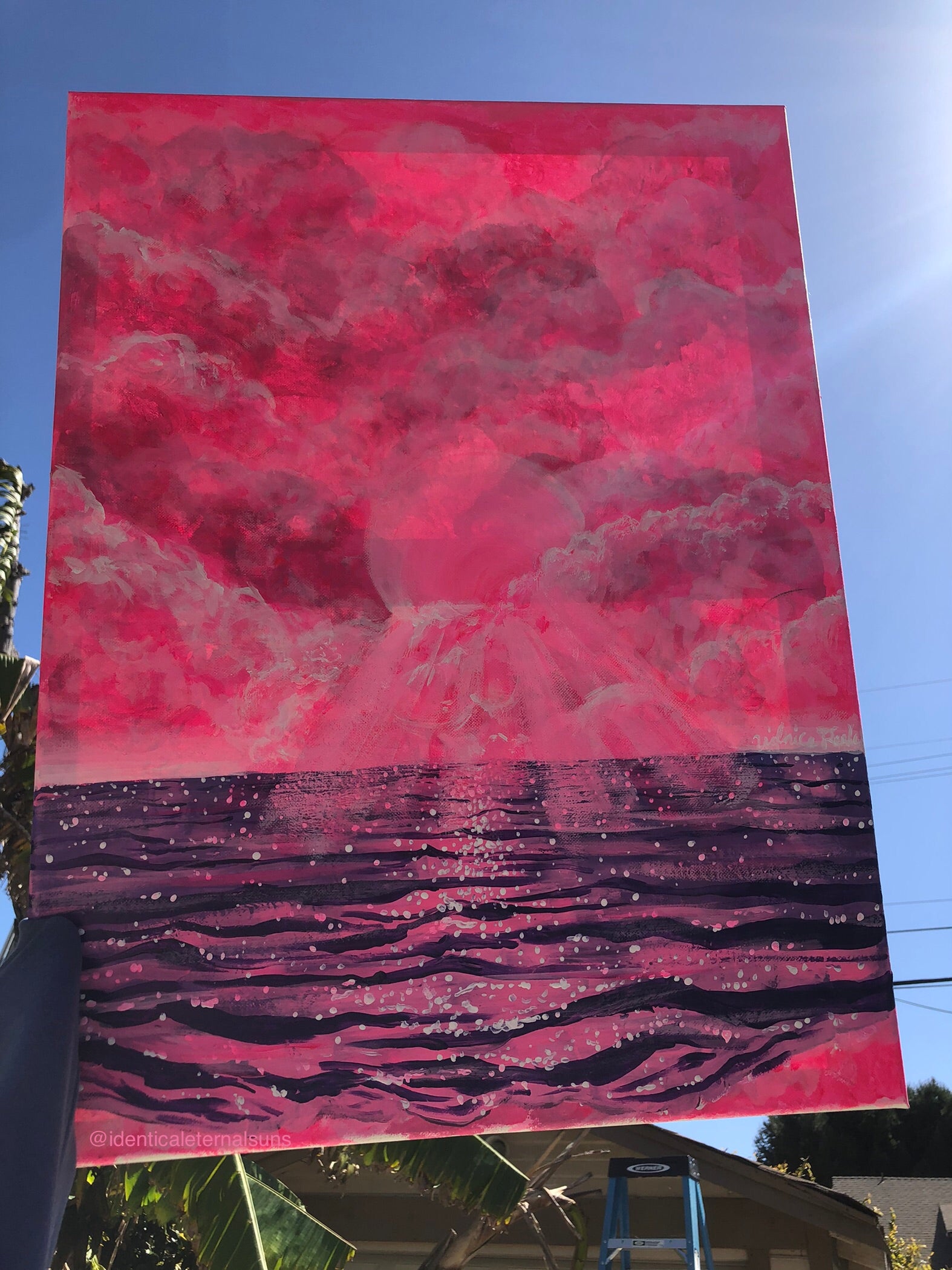 In a dream world were mermaids flip their tails and pixies flutter in the wind, here lies a pink and purple ocean and sky. Cotton candy pink sky painting. Magical purple ocean painting. Cotton candy sky aesthetic. Pink and purple skies artwork for sale. Dreamy worlds painting. Trippy pink and purple skies art. IdenticalEternalSuns