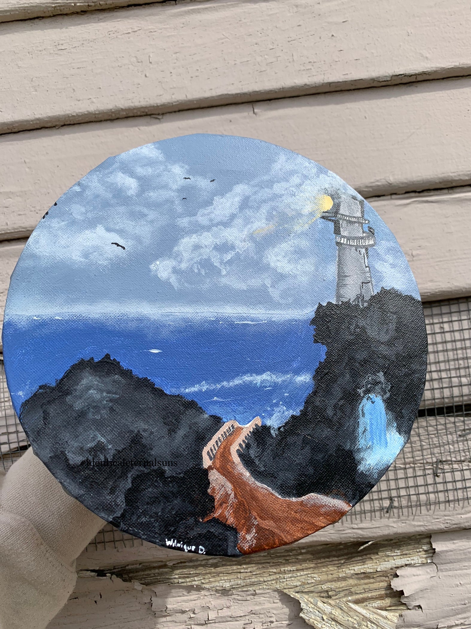 A lighthouse peers over the horizon nearby Original Painting