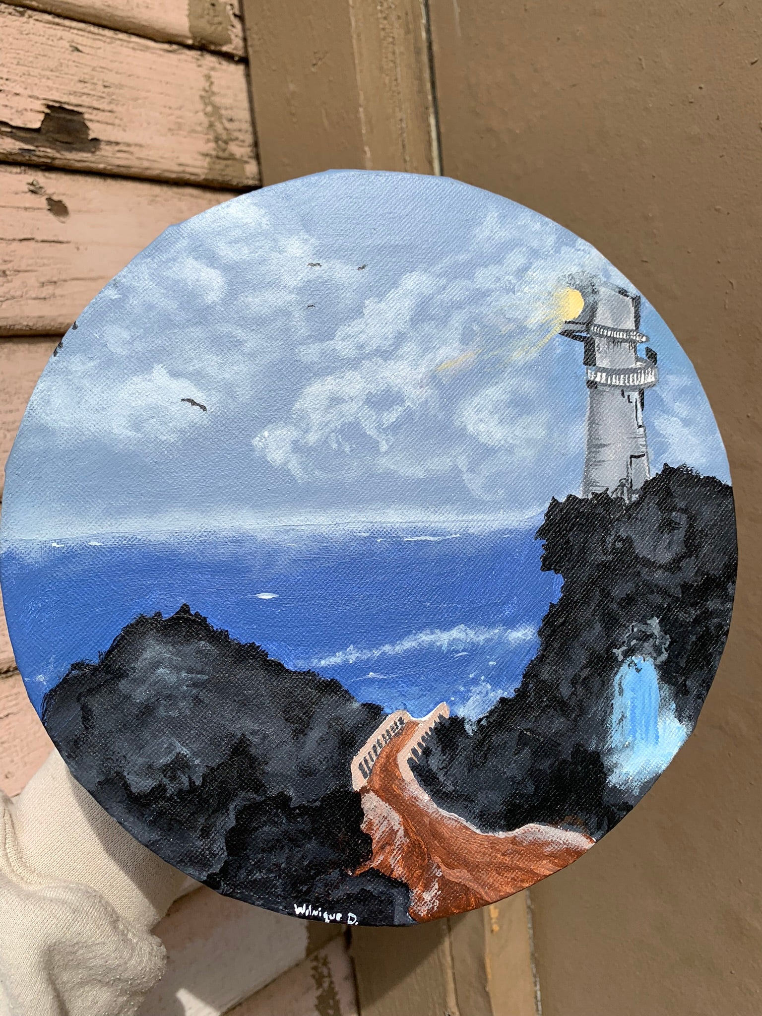 A lighthouse peers over the horizon nearby Original Painting