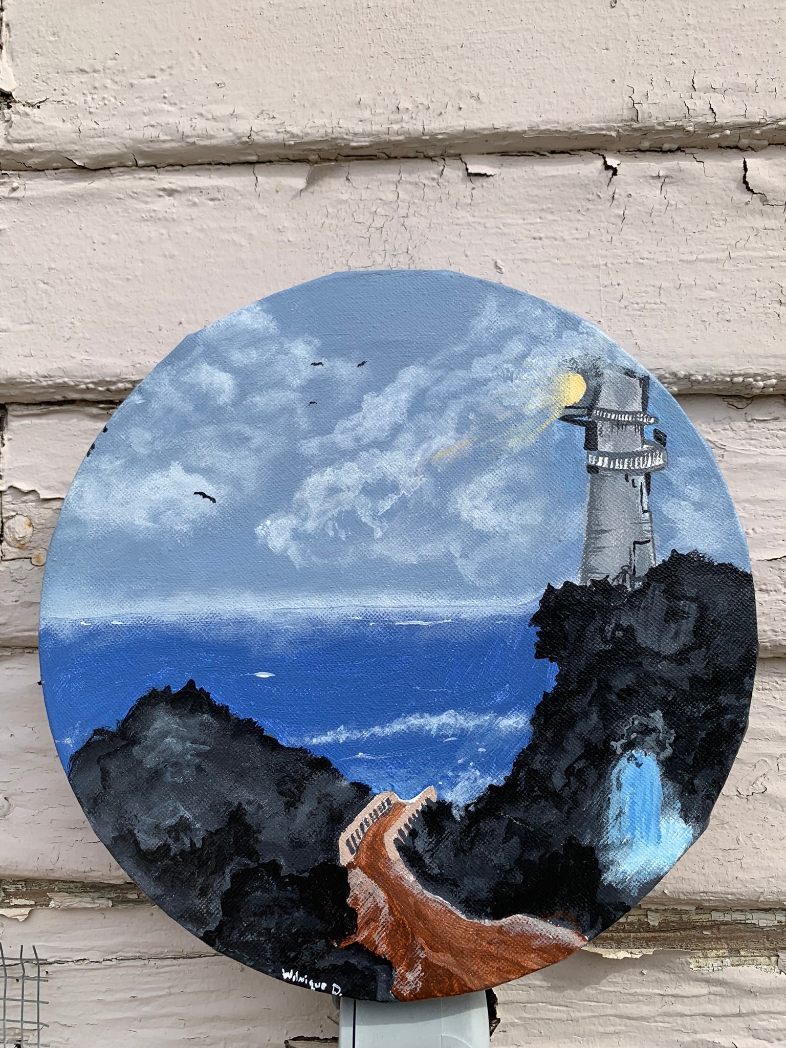 A lighthouse peers over the horizon nearby Original Painting