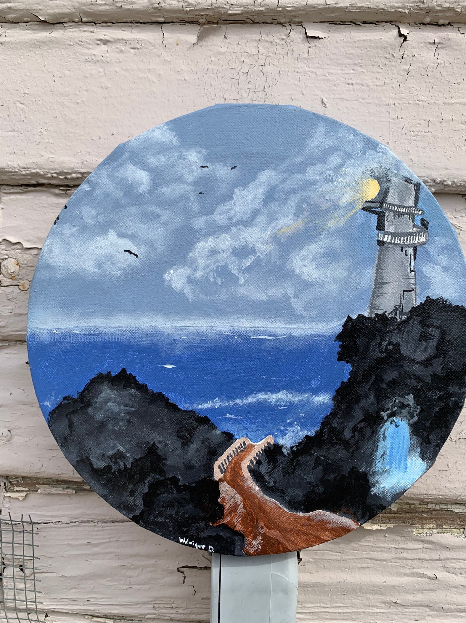 A lighthouse peers over the horizon nearby Original Painting