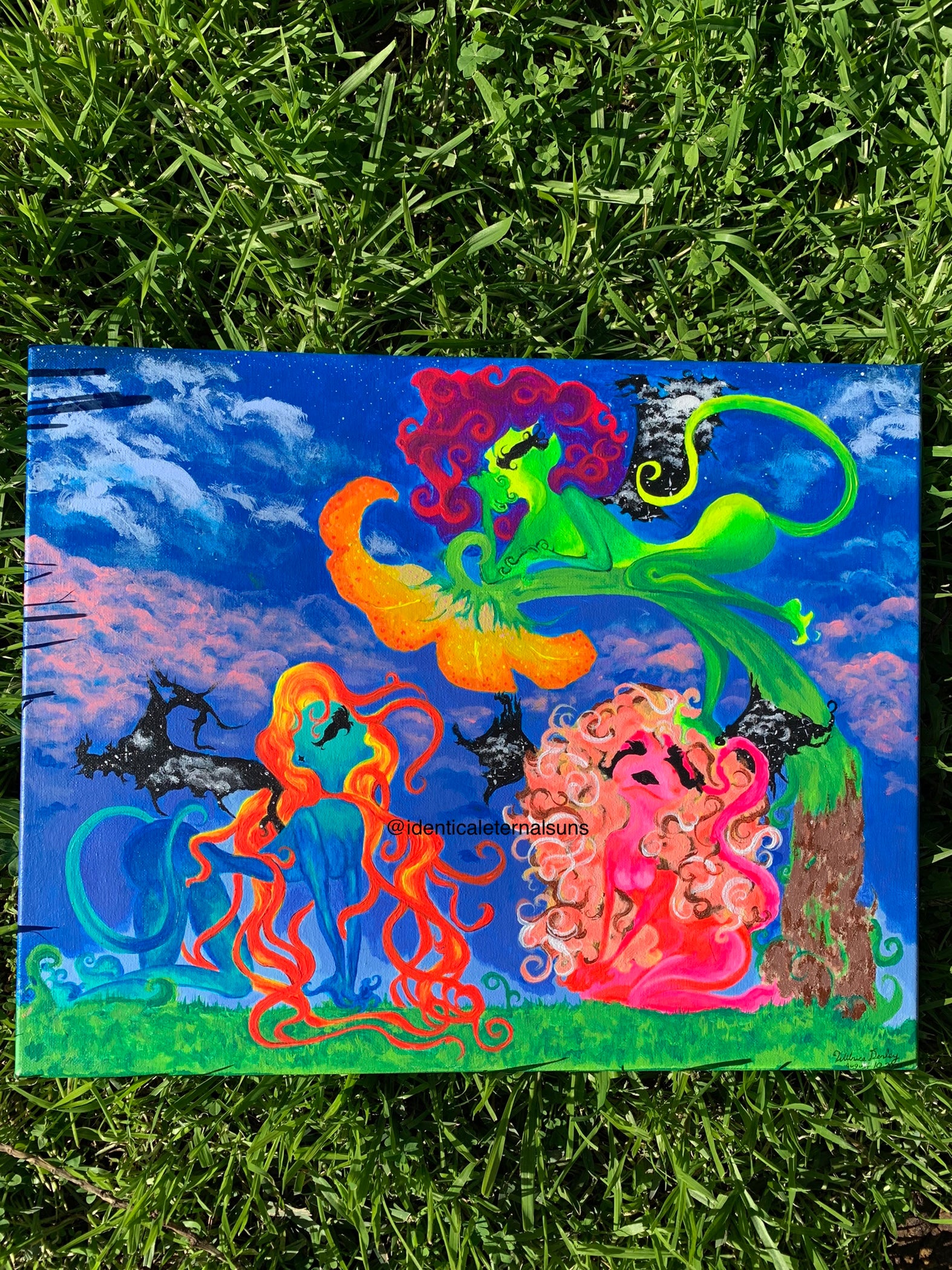 Whimsical creatures art, Beautiful mythical colorful creature artwork, Otherworldly alien painting, Femme alien artwork for sale, three feminine neon entities, Trippy Neon alien original canvas art, skateboard shop art, colorful a lien pop painting for sale, Trippy rave Alien artwork, Psychedelic alien canvas, Sci-Fi rainbow alien painting, IdenticalEternalSuns, Neon Ethereal Entities of Tara