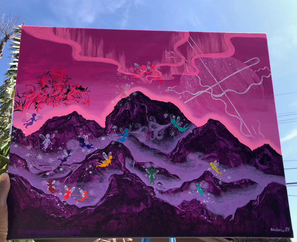 Crystal Amethyst Fairy artwork. Mystical fairies creating purple fog and heaven on earth to preserve the purple mountains, Surreal purple mountains, Otherworldly Rainbow Mountain fairies, Fairycore art inspo, Rainbow Fae paintings,. Fairy core painting. Mystical Fairies Original art, Mystical fairies in the Amethyst Mountains, IdenticalEternalsuns, Mystical fairies preserving the Amethyst Mountains 