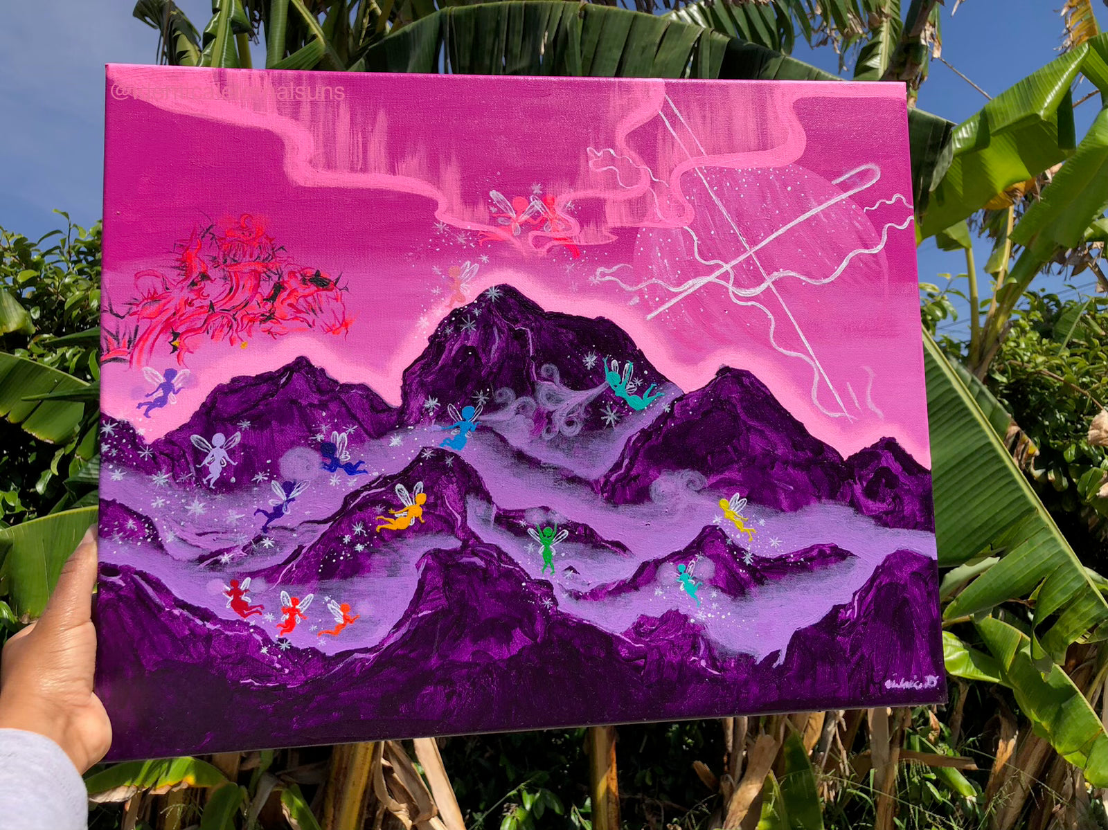 Crystal Amethyst Fairy artwork. Mystical fairies creating purple fog and heaven on earth to preserve the purple mountains, Surreal purple mountains, Otherworldly Rainbow Mountain fairies, Fairycore art inspo, Rainbow Fae paintings,. Fairy core painting. Mystical Fairies Original art, Mystical fairies in the Amethyst Mountains, IdenticalEternalsuns, Mystical fairies preserving the Amethyst Mountains 