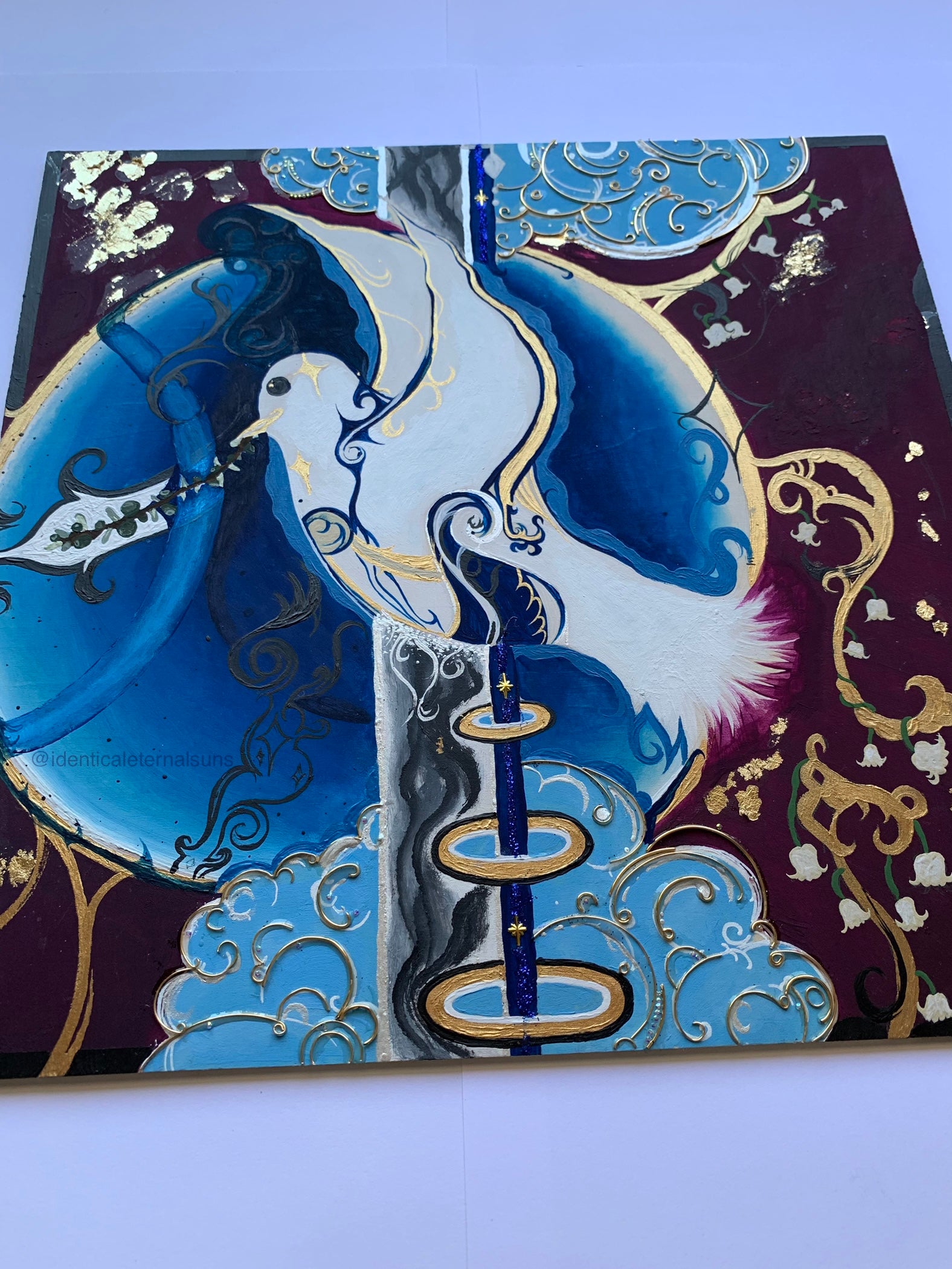 Avian Blue Golden Dove of Serenity Embellished Original Painting