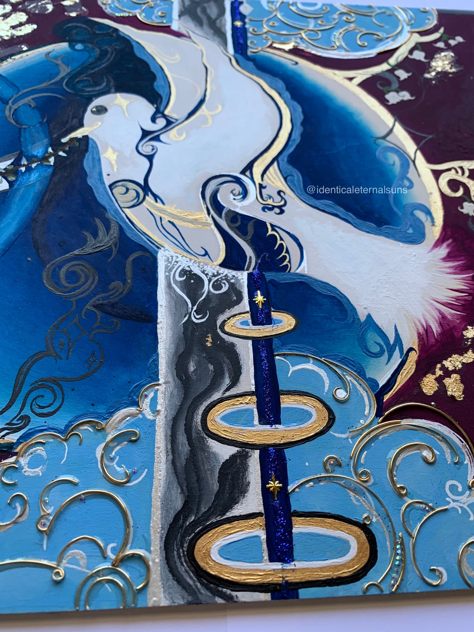 Avian Blue Golden Dove of Serenity Embellished Original Painting