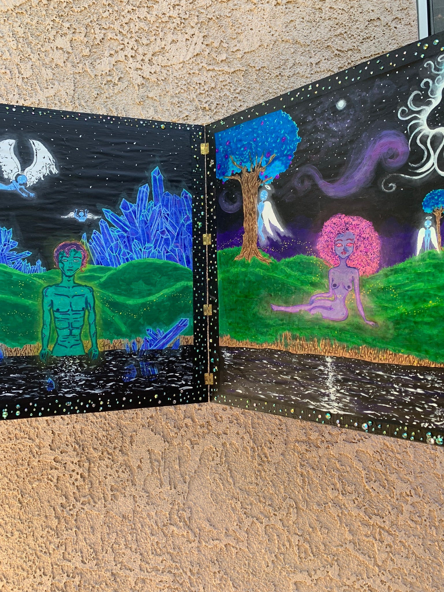 Twin soul lovers from the angelic realms of the 7th and 8th Dimension artwork. Twinflame artwork. Childlike fantasy bedazzled wood storybook painting. The story of the 7th dimensional soul lovers meeting together once again in this life to love each other before they both ascend into another universe, Interactive StoryBook, kid core, childlike art aesthetic, IdenticalEternalsuns, The story of the 7th dimensional soul lovers Interactive StoryBook